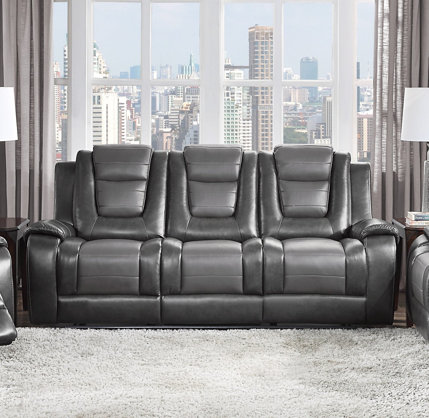 Modern Luxury Sofa Dual Reclining with Center Drop-Down Cup Holders 1pc Formal Living Room Furniture Premium Faux Leather Upholstery Comfortable Two-Tone Gray Finish