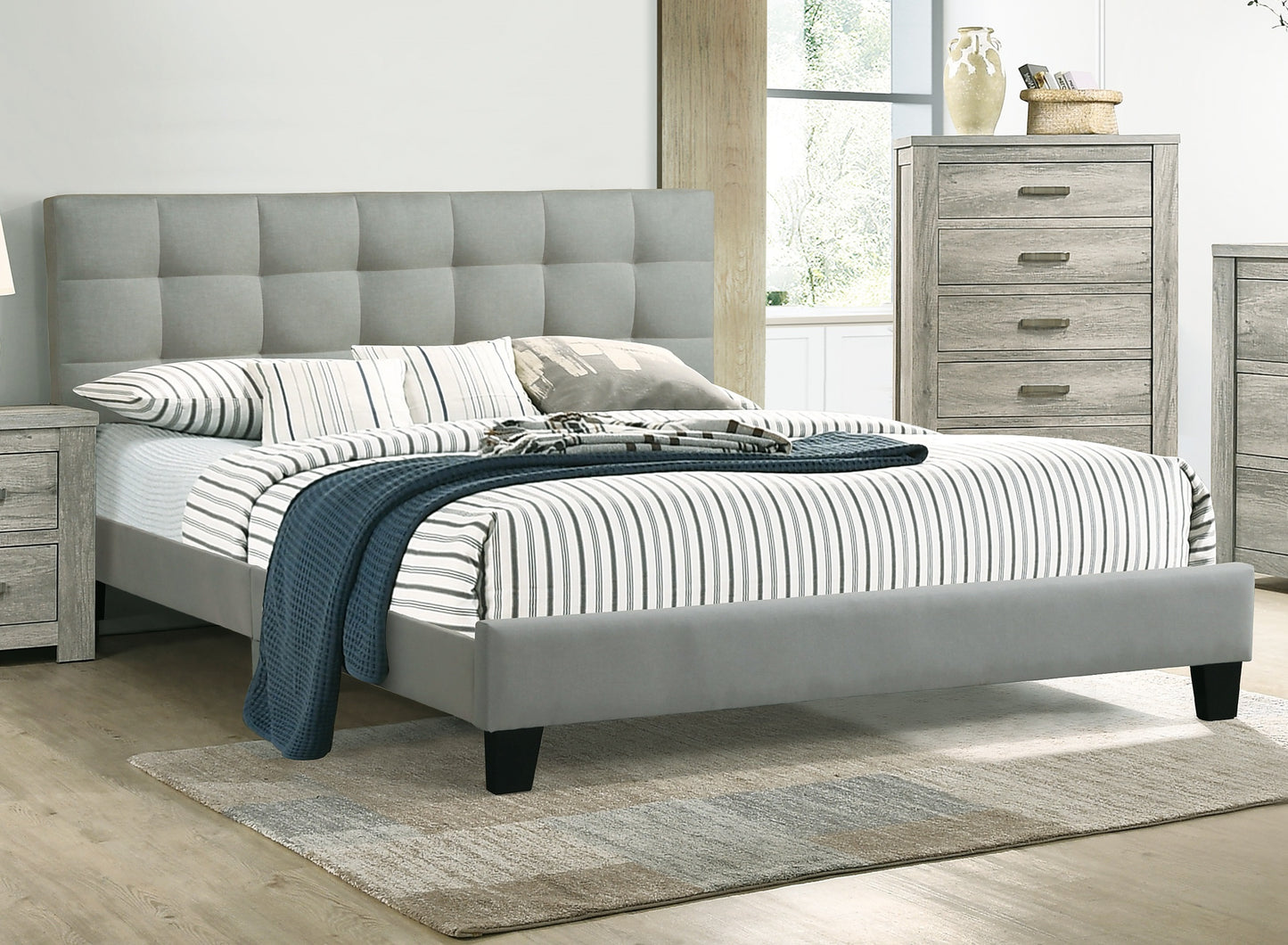Contemporary 1pc Full Size Bed Grey Polyfiber Tufted Headboard Platform Bedframe Bedroom Furniture