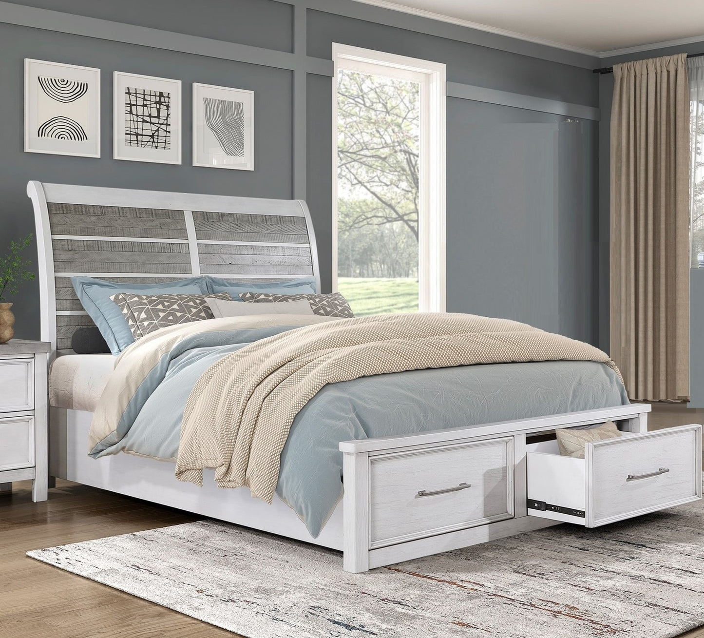 Antique White and Gray Finish Queen Platform Bed with Footboard Storage Classic Design Wooden Furniture 1pc