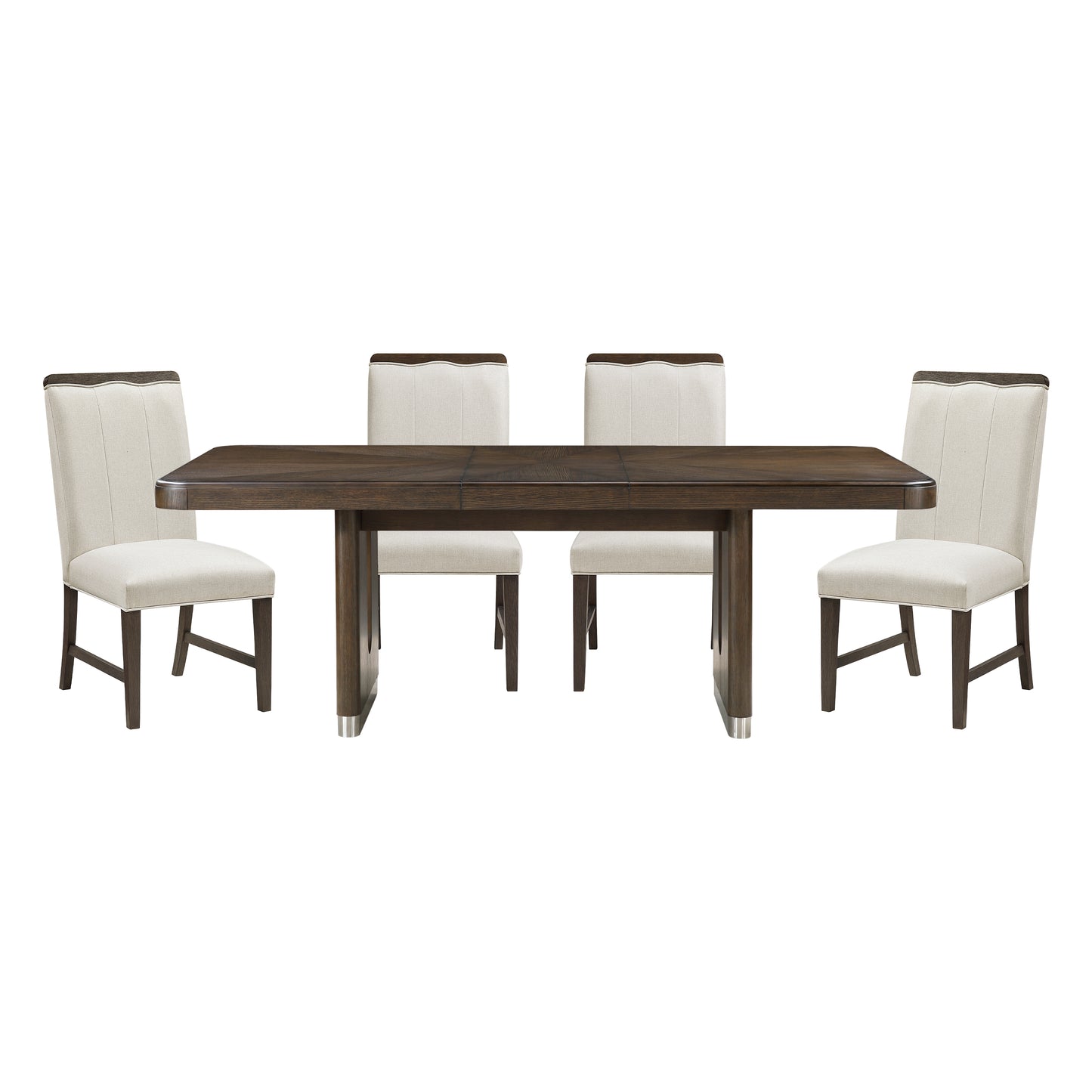 Modern Brown Finish Dining Set 5pcs Extendable Table with 4x Side Chairs Beige Upholstered Comfort Durable Metallic Accent Table Base Wooden Furniture