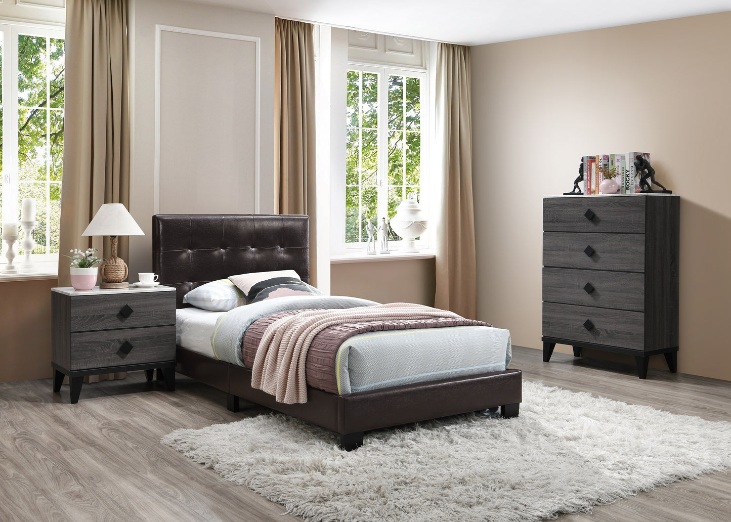 Twin Size Brown Faux Leather Bed Frame Modern Bedroom Headboard