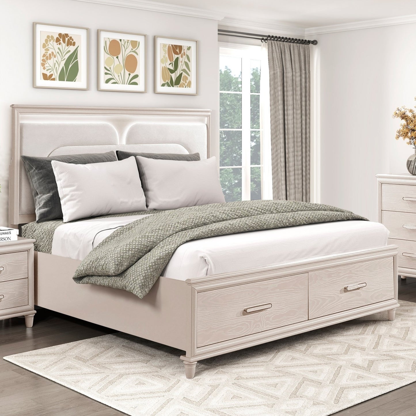 Modern Luxury California King Platform Bed with Footboard Storage Upholstered Headboard LED Light Wooden Bedroom Furniture 1pc