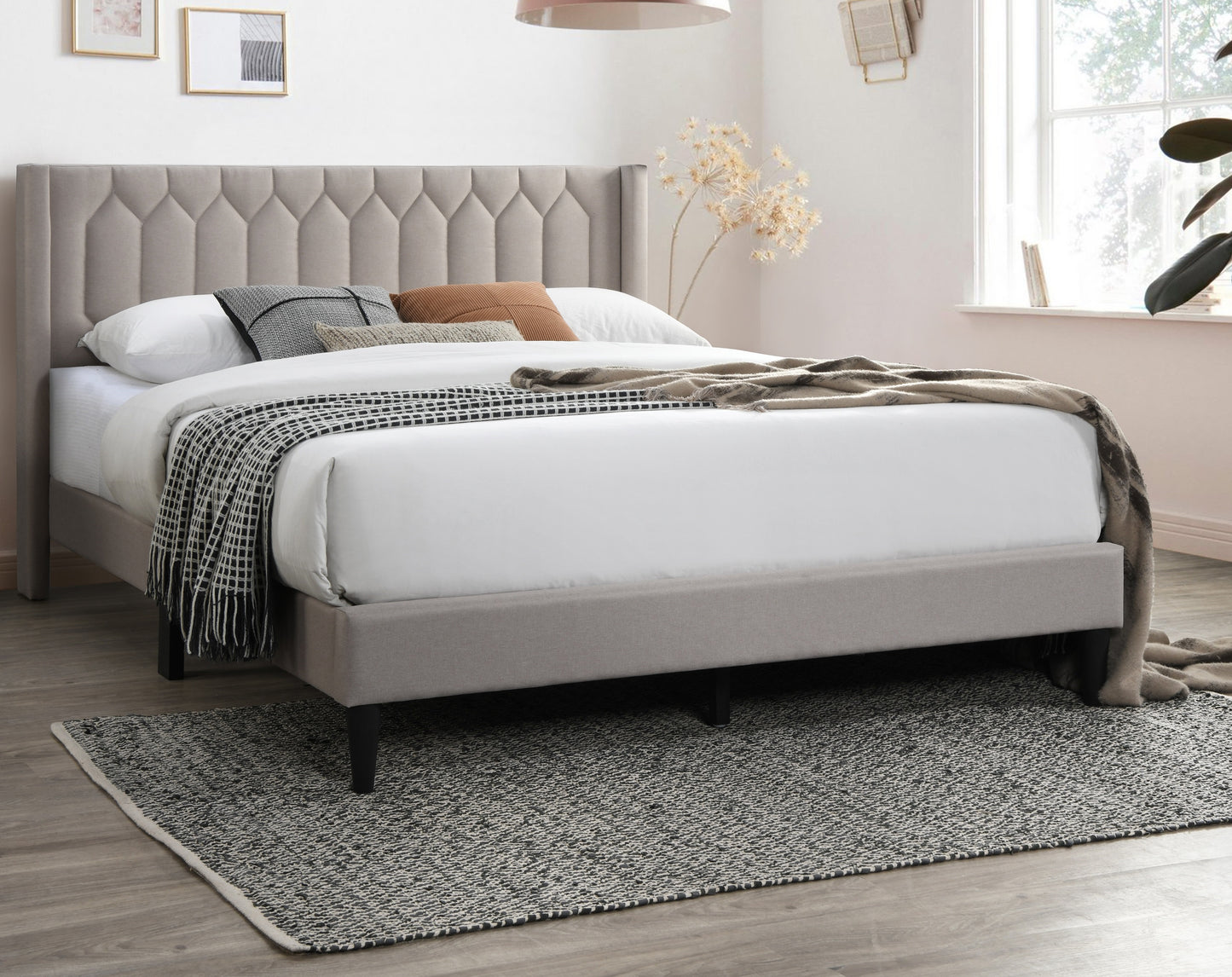Modern Eye-Catching 1pc Full Size Bed Light Brown Burlap Fabric Unique Diamond Design Headboard Bedframe