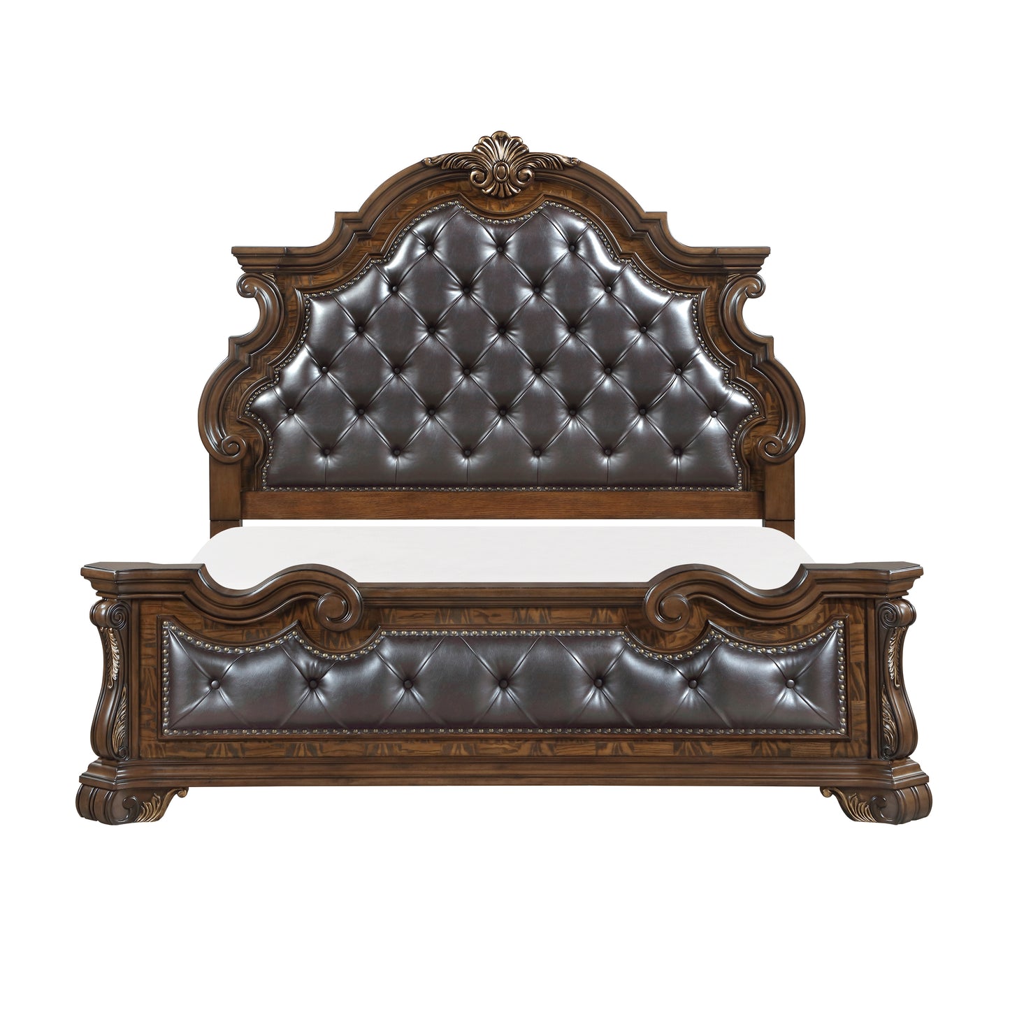 Formal Traditional Dark Brown Finish Luxury King Bed Tufted Headboard Intricate Carvings Gold Accent Detailing Bedroom Furniture 1pc