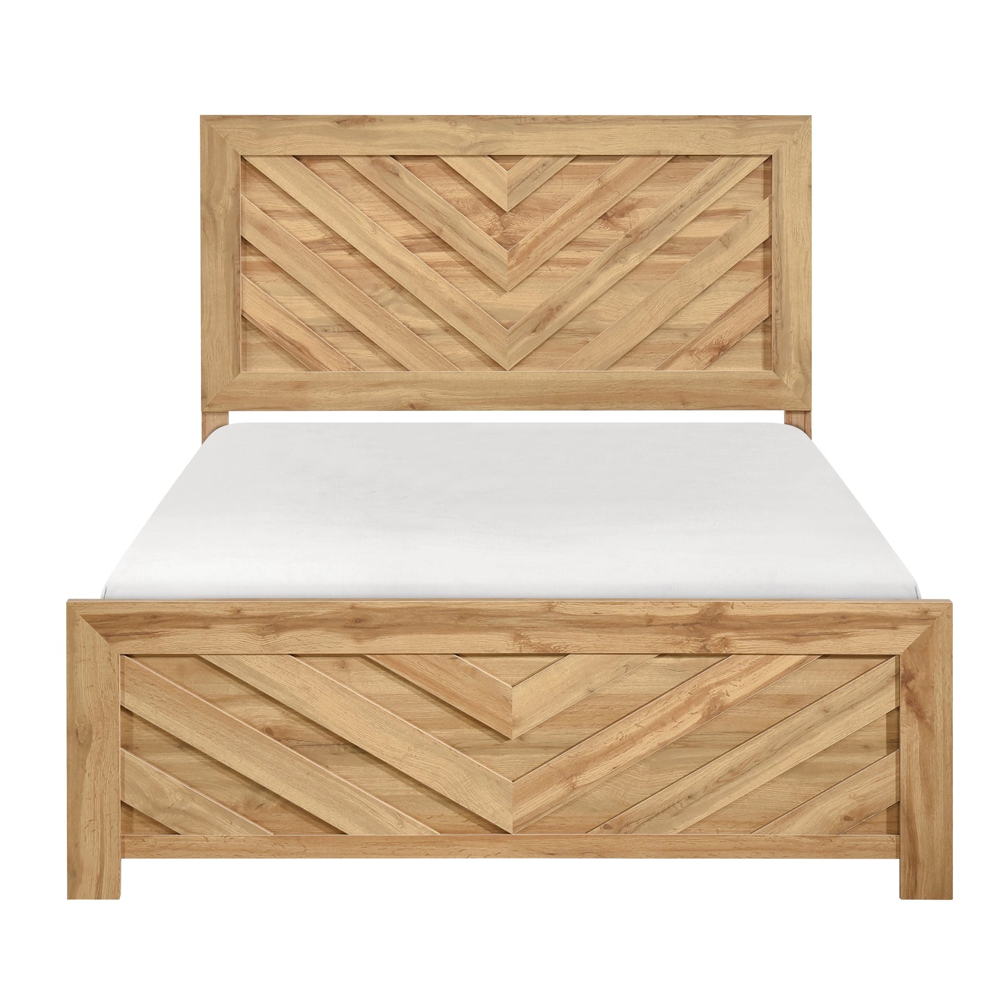 Natural Finish Queen Size Panel Bed Chevron Pattern Wooden Rustic Bedroom Furniture 1pc