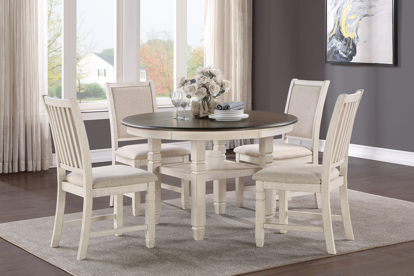 Antique White and Brown Finish 5pc Dining Set Table Base w Built-in Shelf and Fabric Upholstered 4x Side Chairs Wooden Dining Room Furniture