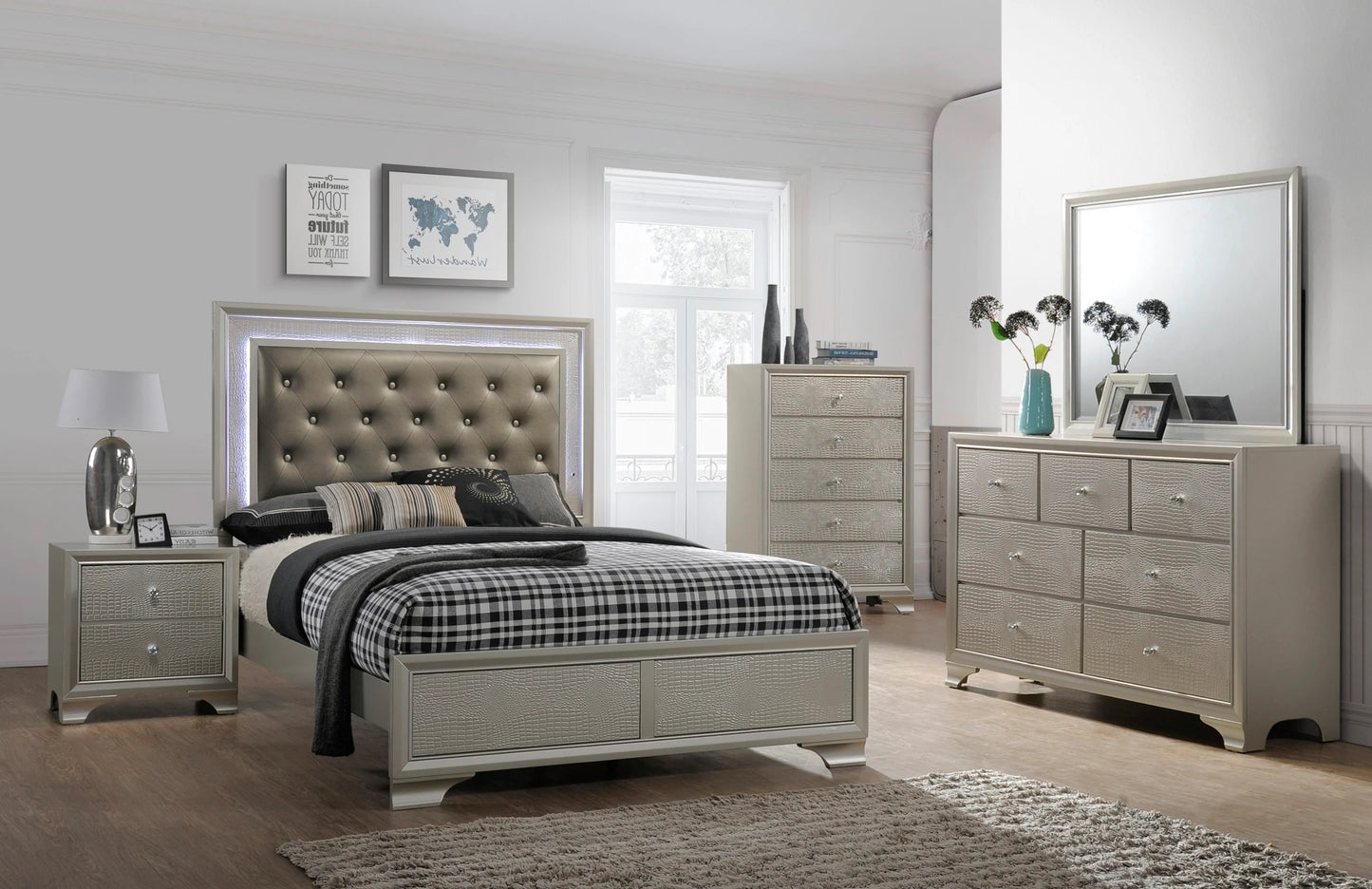 Champagne Crocodile Texture Upholstered Bed Frame - Full Size for Bedroom
