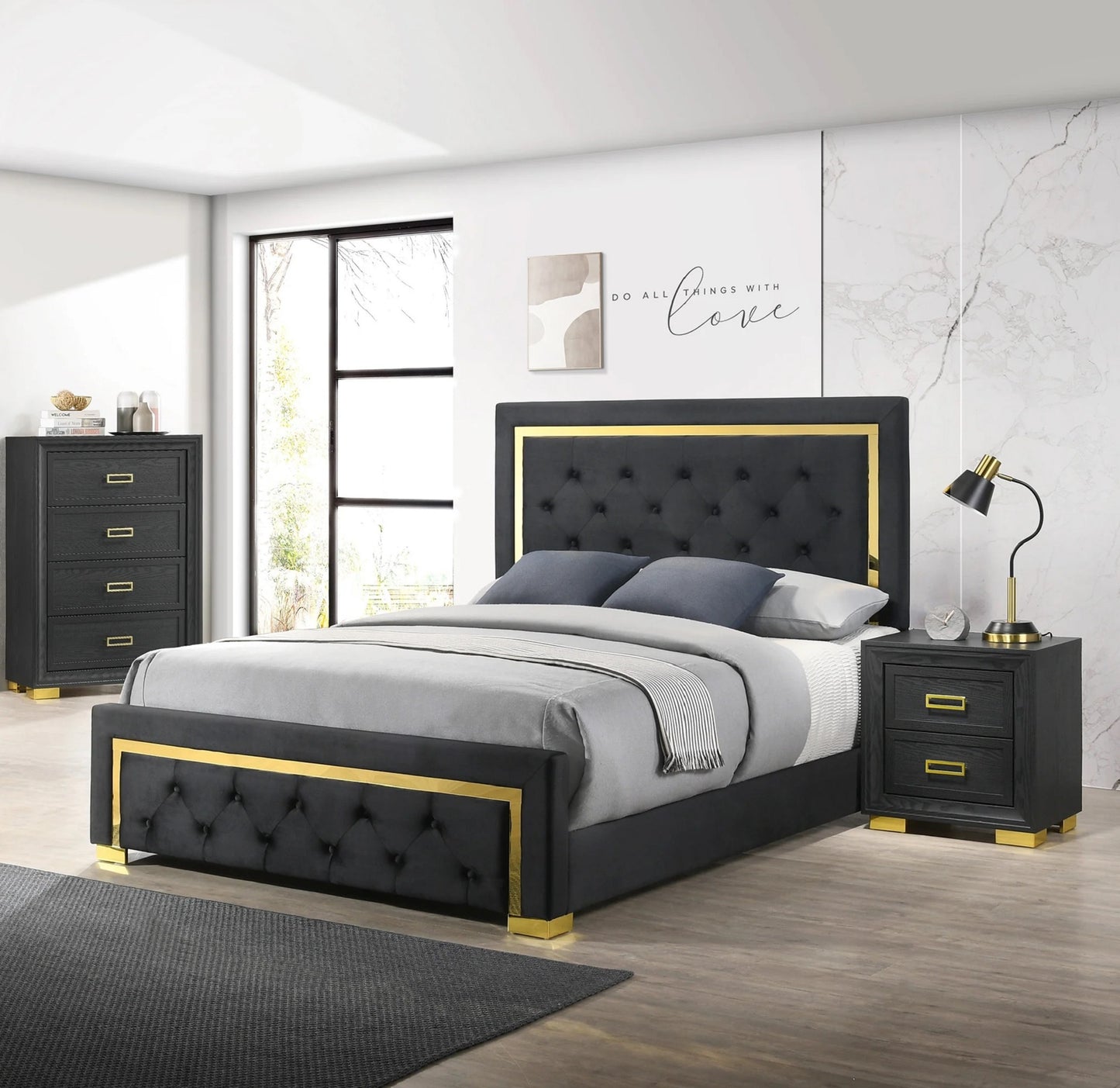Black Glam Queen Bed with Gold Accents, Black Fabric Upholstery