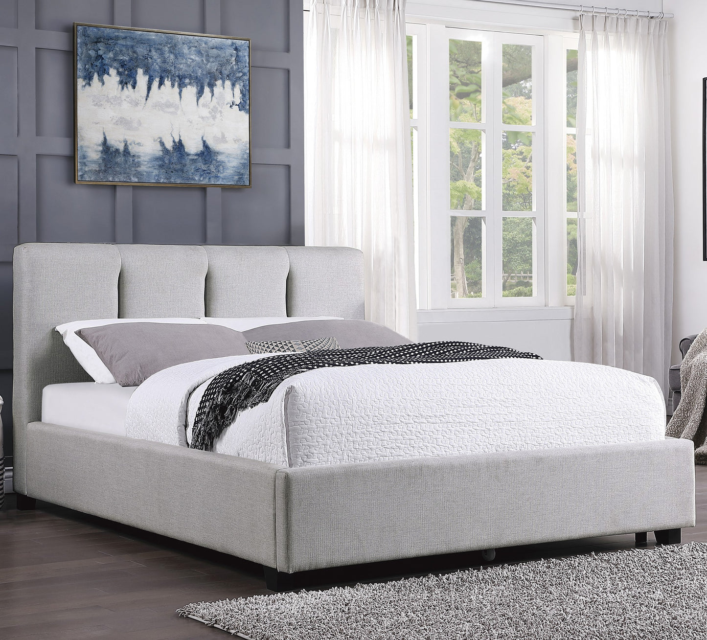 Modern Full Platform Bed Gray Upholstered 1pc Solid Wood and Plywood Frame Bedroom Furniture