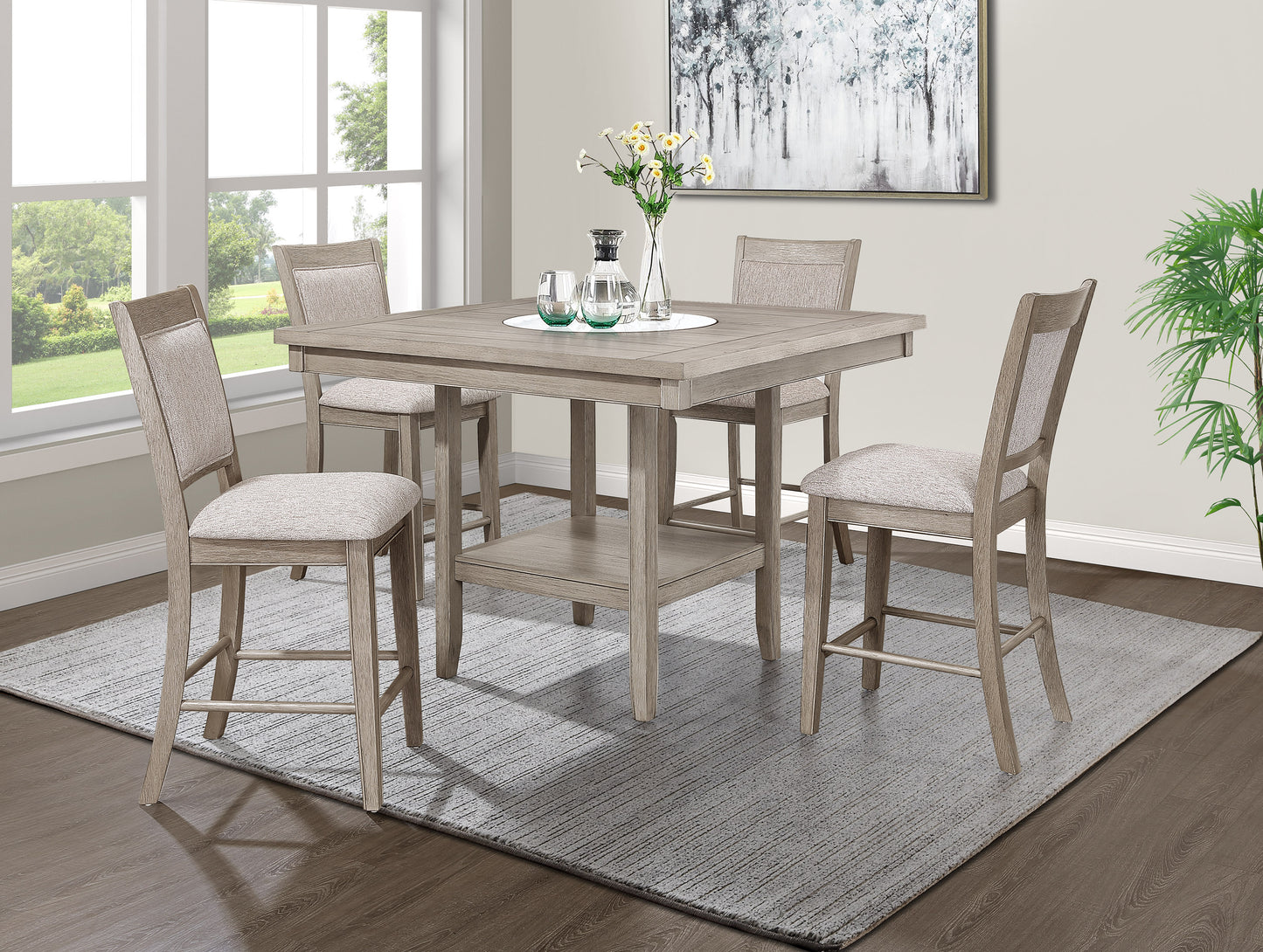 5pc Dining Set Contemporary Farmhouse Style Counter Height w 20-Inch White Faux Marble Lazy Susan All Tan / Beige Gray Finish Upholstered Chairs Wooden Wood Veneers Solid Wood Dining Room Furniture