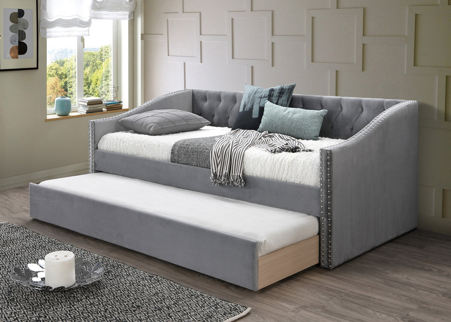 Gray Velvet Button Tufted Day Bed - 81" x 43"