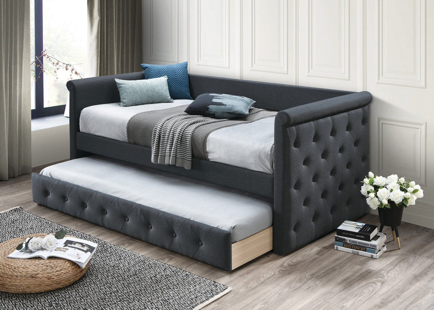 Charcoal Burlap Button Tufted Day Bed for Contemporary Bedroom