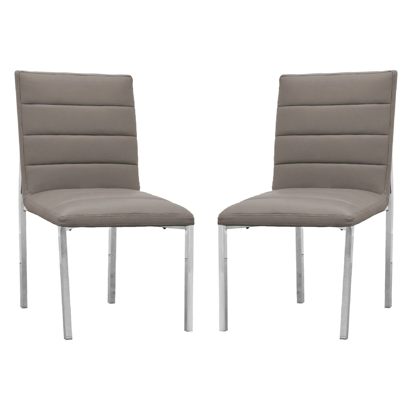 Eun 23 Inch Faux Leather Channel Dining Chair, Chrome Legs, Set of 2, Gray