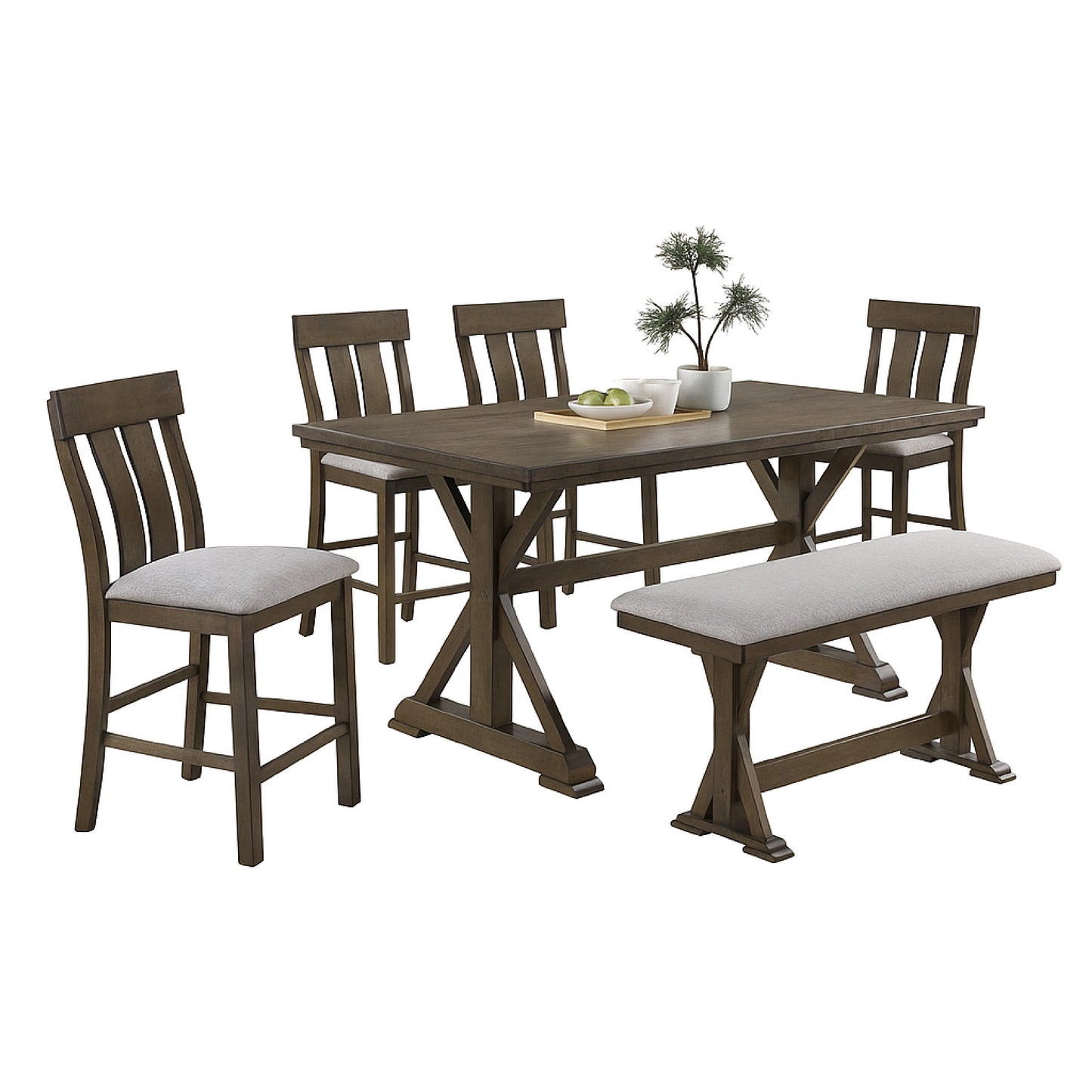 Omal Counter Height Dining Chair Set of 2, Brown Slatted Back, Gray Fabric