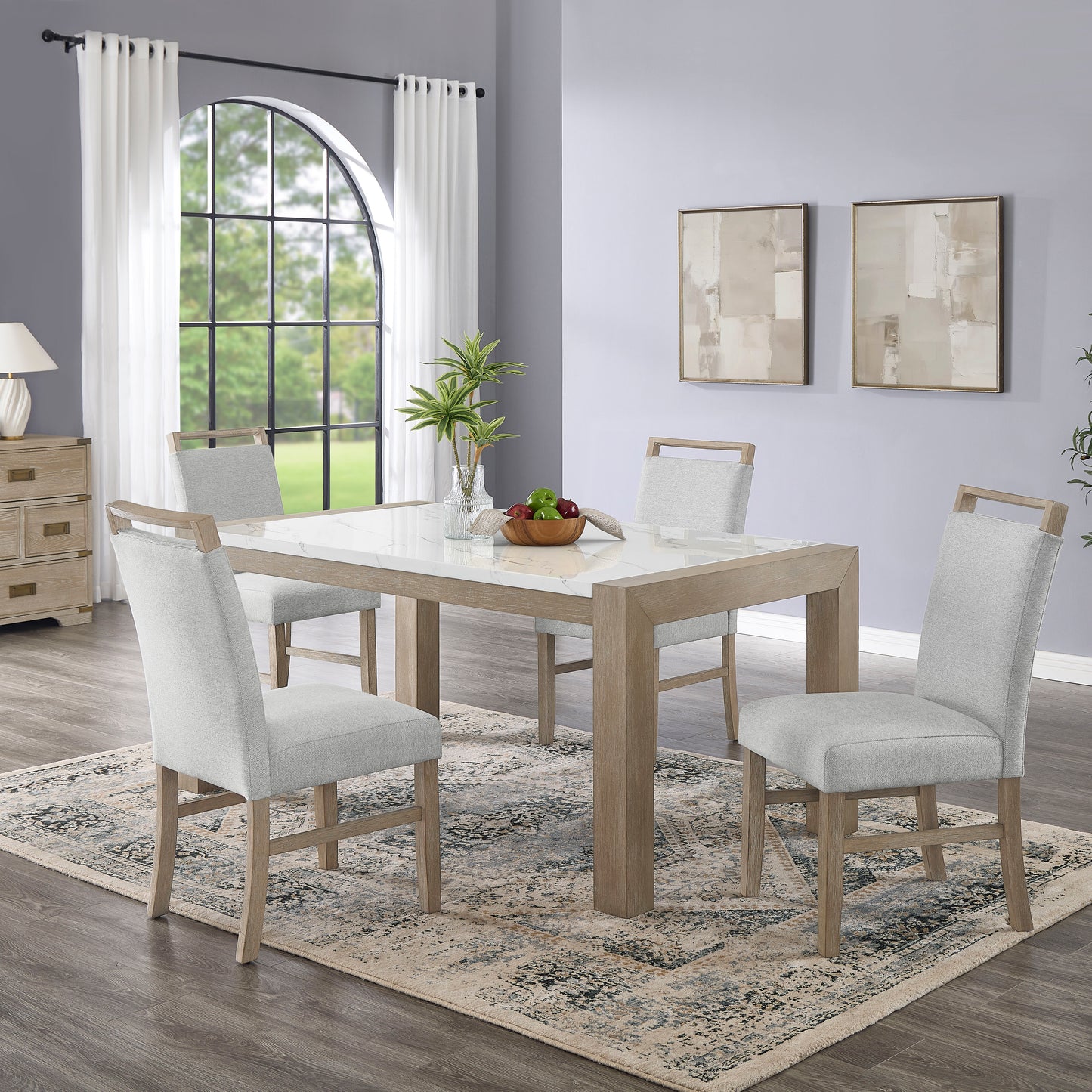 Tabitha 5Pc 66"W Rectangular White Faux Marble Top Dining Set in Light Oak Finish