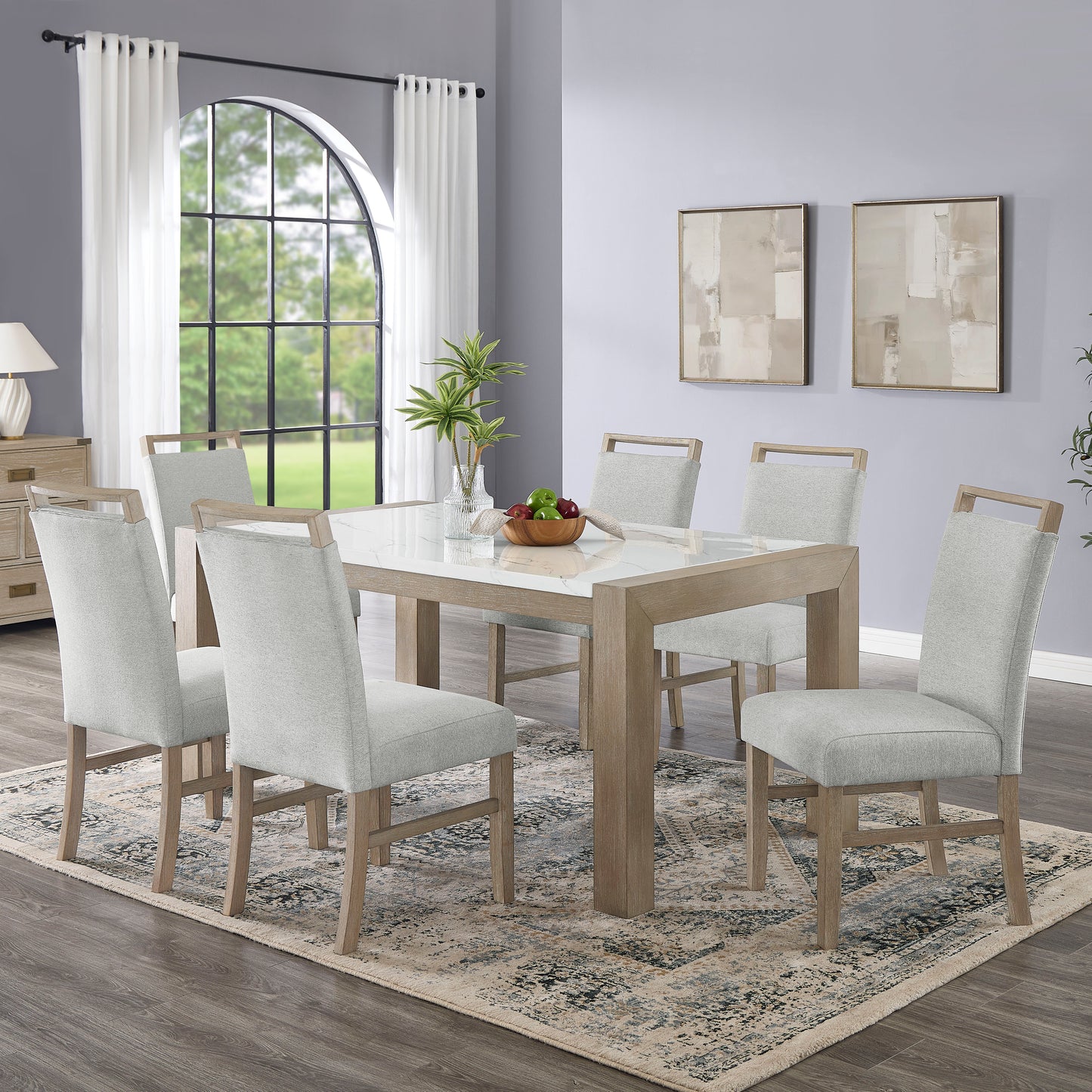 Tabitha 7Pc 66"W Rectangular White Faux Marble Top Dining Set in Light Oak Finish