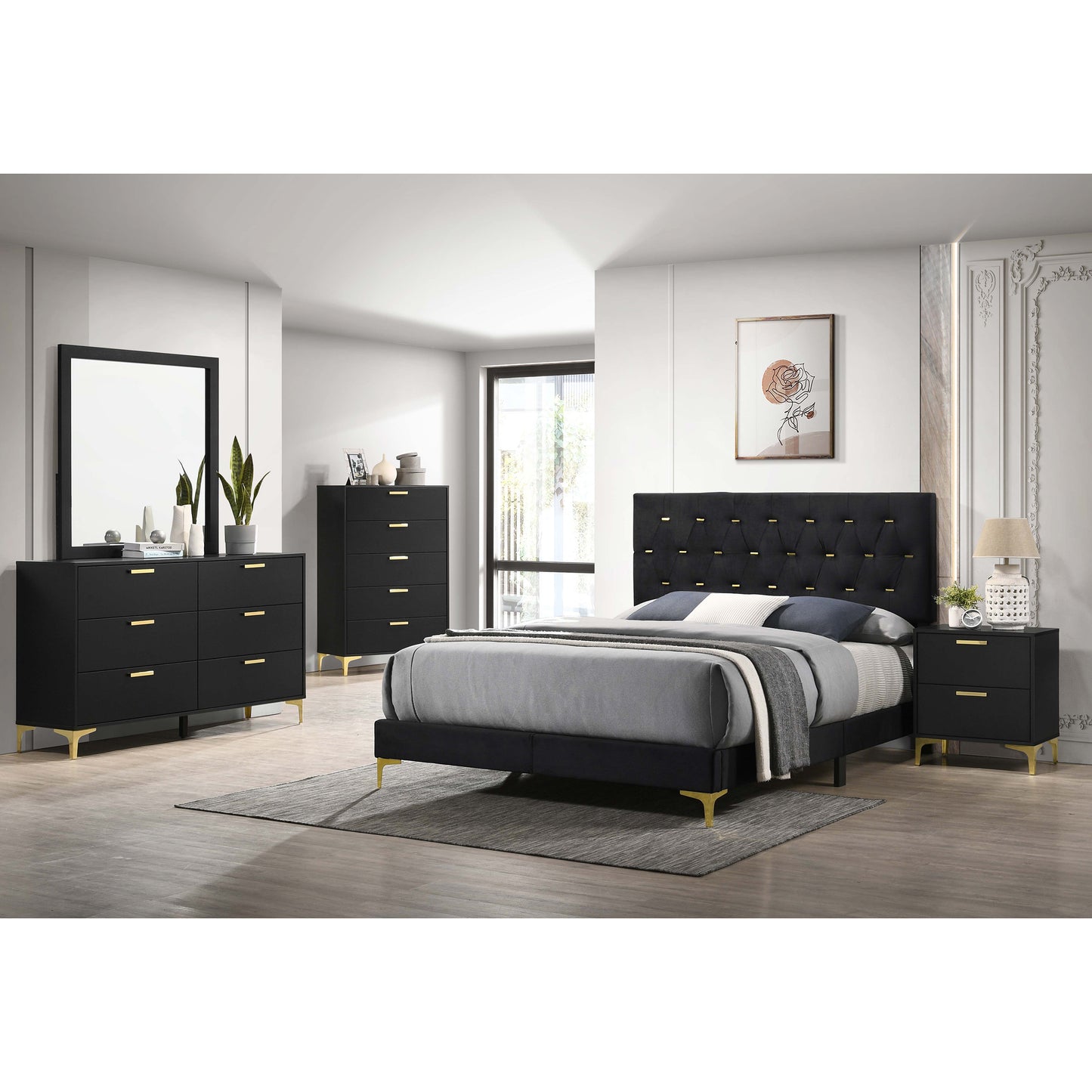 Queen Black Upholstered Panel Bed Frame for Bedroom