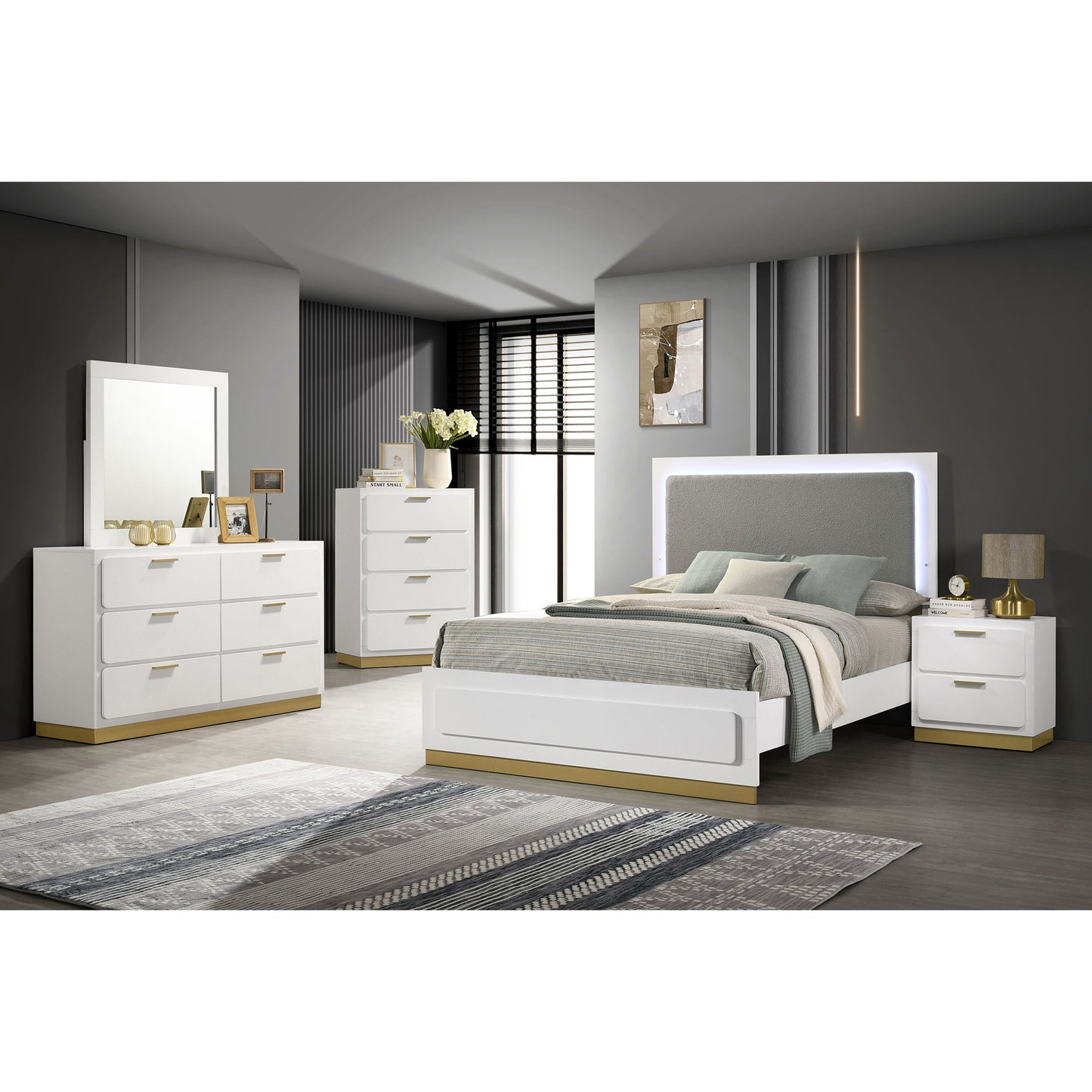 Sophia White Wood Queen LED Panel Bed - Modern Bedroom Frame