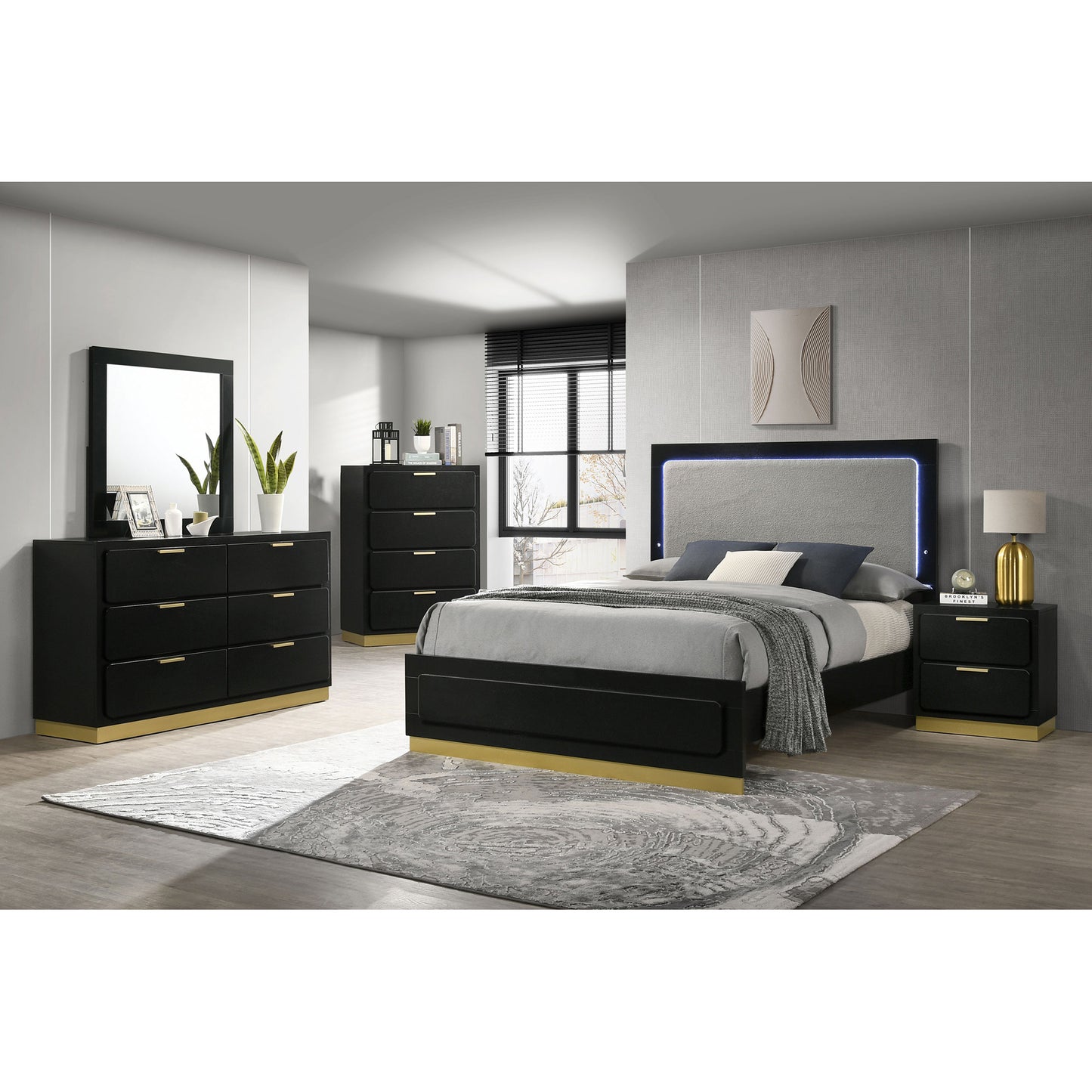 Sophia Black Wood Queen LED Panel Bed - Modern Bedroom Style
