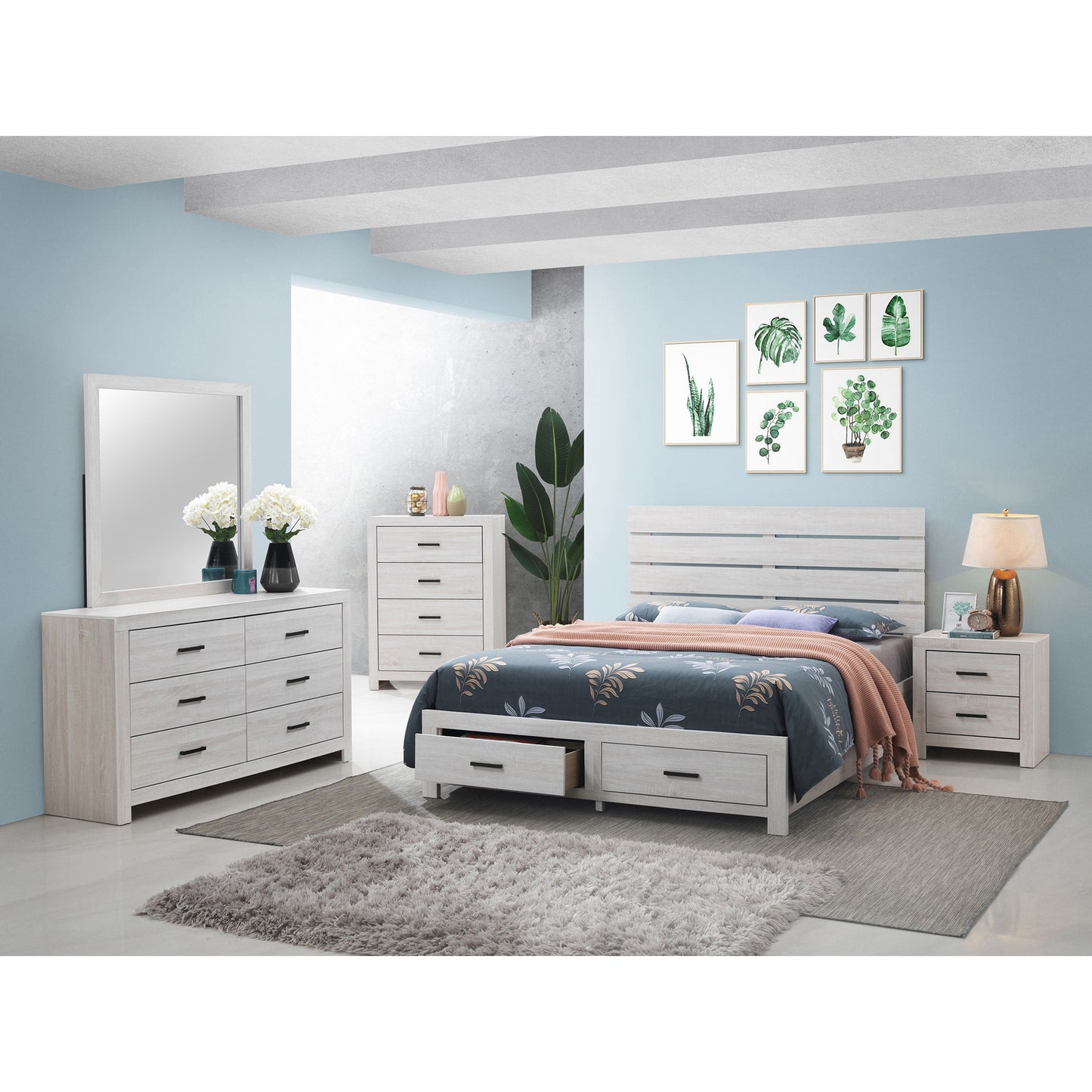 Coastal White Queen Storage Panel Bed - No Box Spring Needed