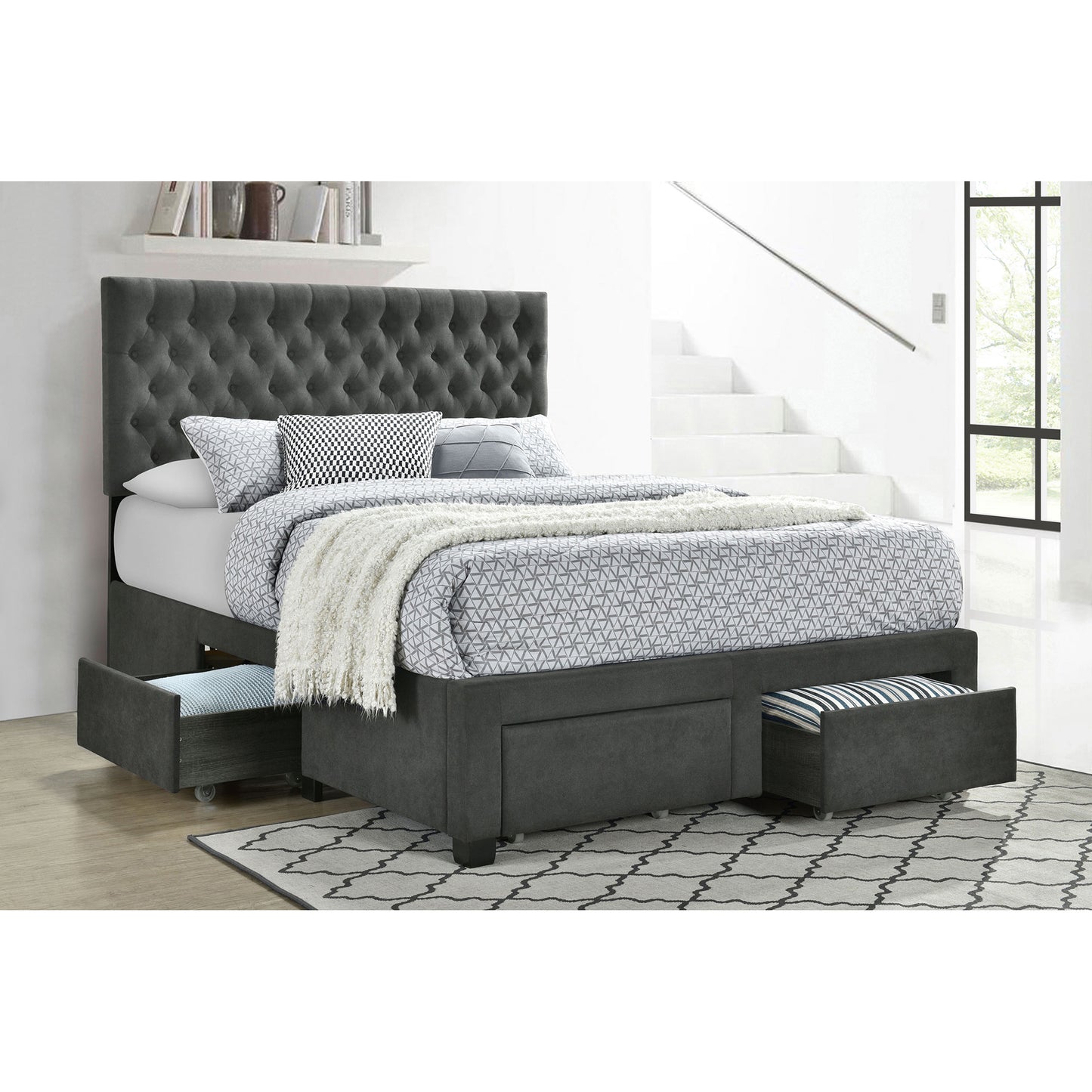 Newport Grey Upholstered 4-Drawer Tufted Eastern King Storage Bed