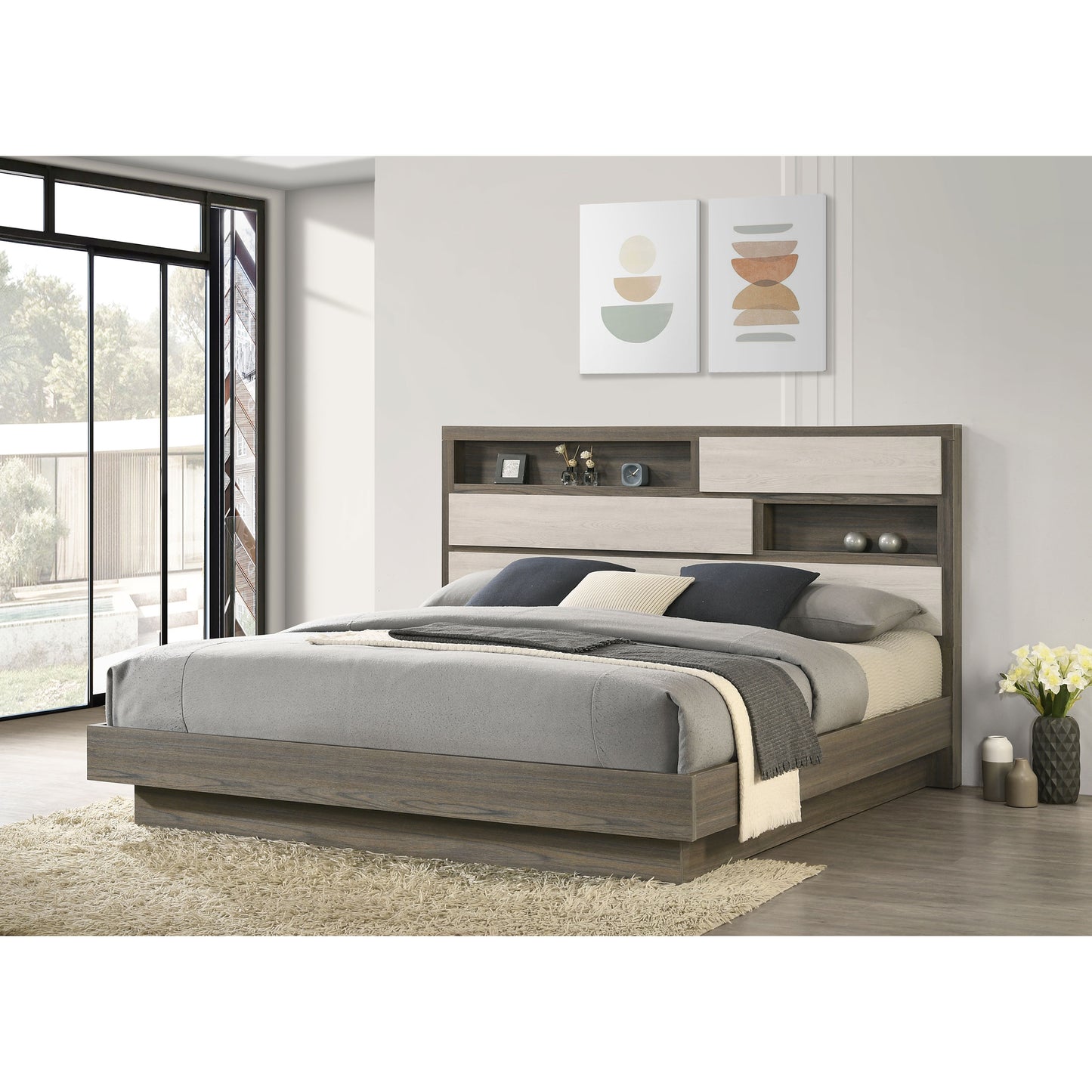 Grey Oak Eastern King Bed Bookcase Headboard