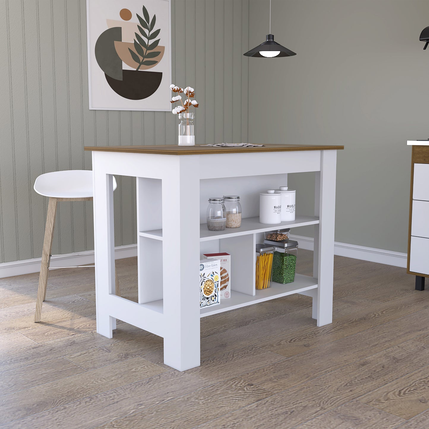Multicolor Particle Board Kitchen Island with Three Storage Shelves