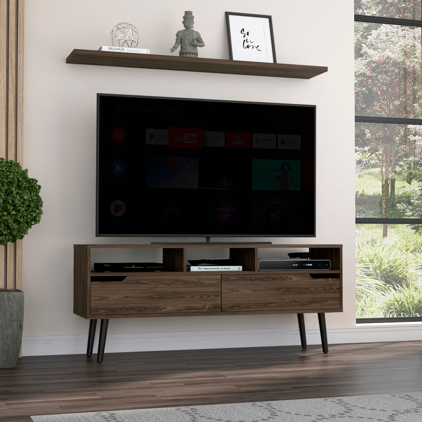 Oslo Tv Stand for TV´s up 51", Two Drawers, Four Legs, Three Open Shelves -Dark Walnut