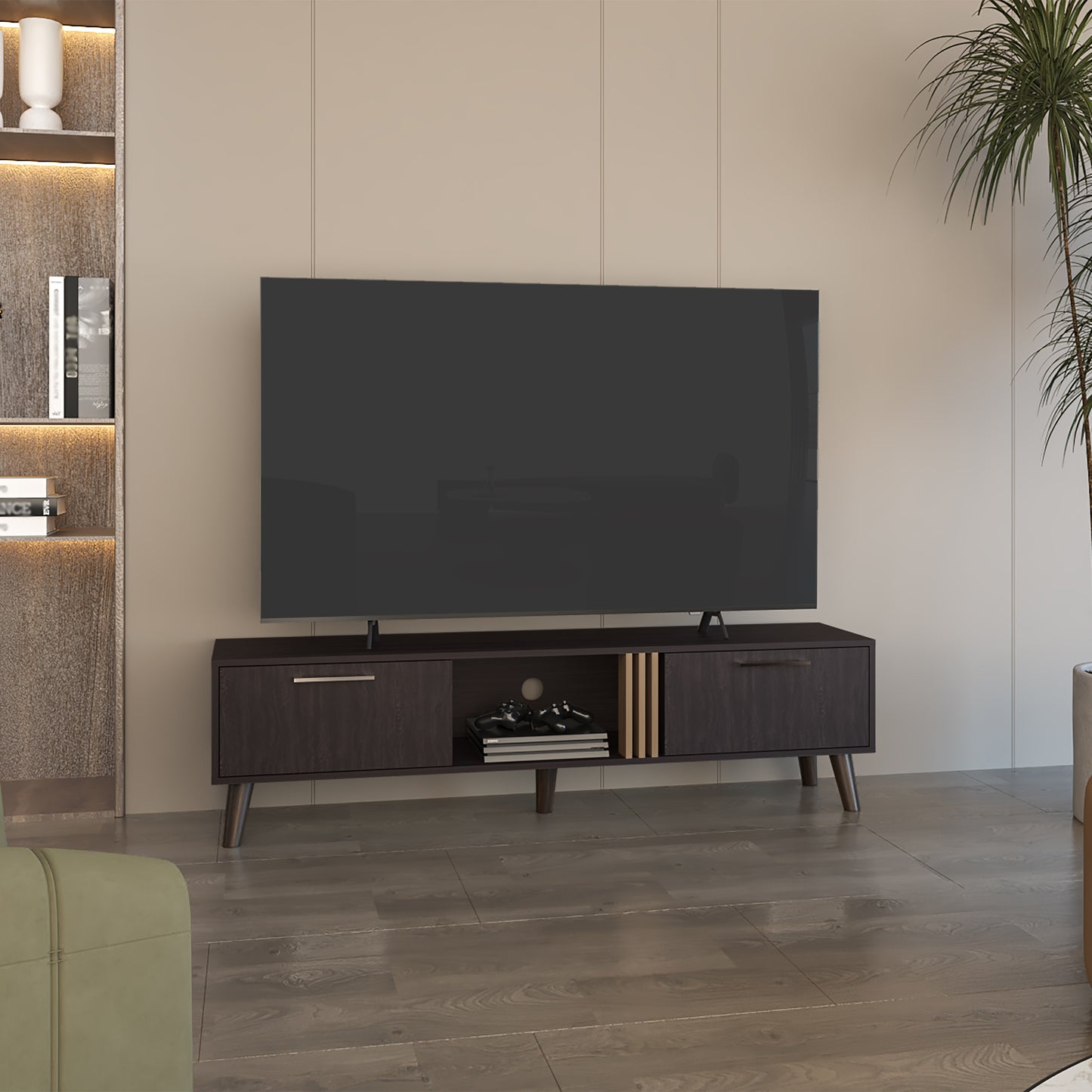 Vance 63" Wide Tv Stand with Two pull down Cabinets, Two Shelves, Cable Management , Living Room, Tv Room Black Wengue - Light Oak