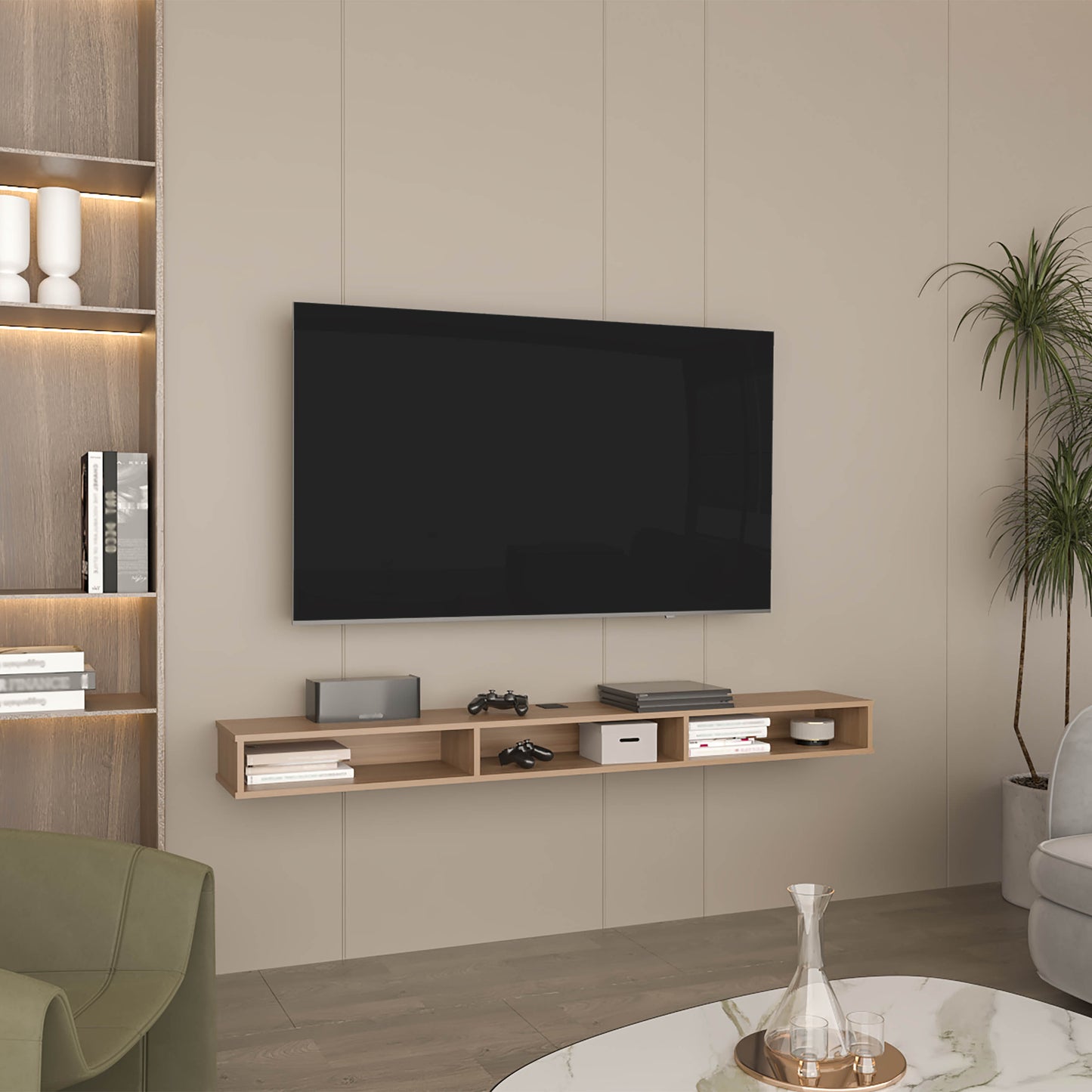 Luft 71" Wide 3-Shelves Floating TV Stand,Wall Mounted, Media Console Entertainment Center with cable management, for Living Room, Bedroom Natural Oak