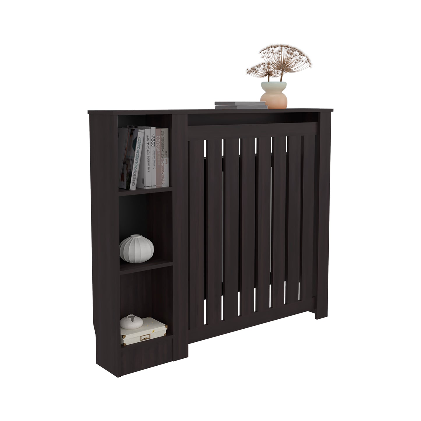 Radiator Cover Cabinet Joseph with Slatted Frame and 3 Shelves, Decorative Heater Cover, Modern Furniture Accent for Living Rooms, Hallways, and Bedrooms