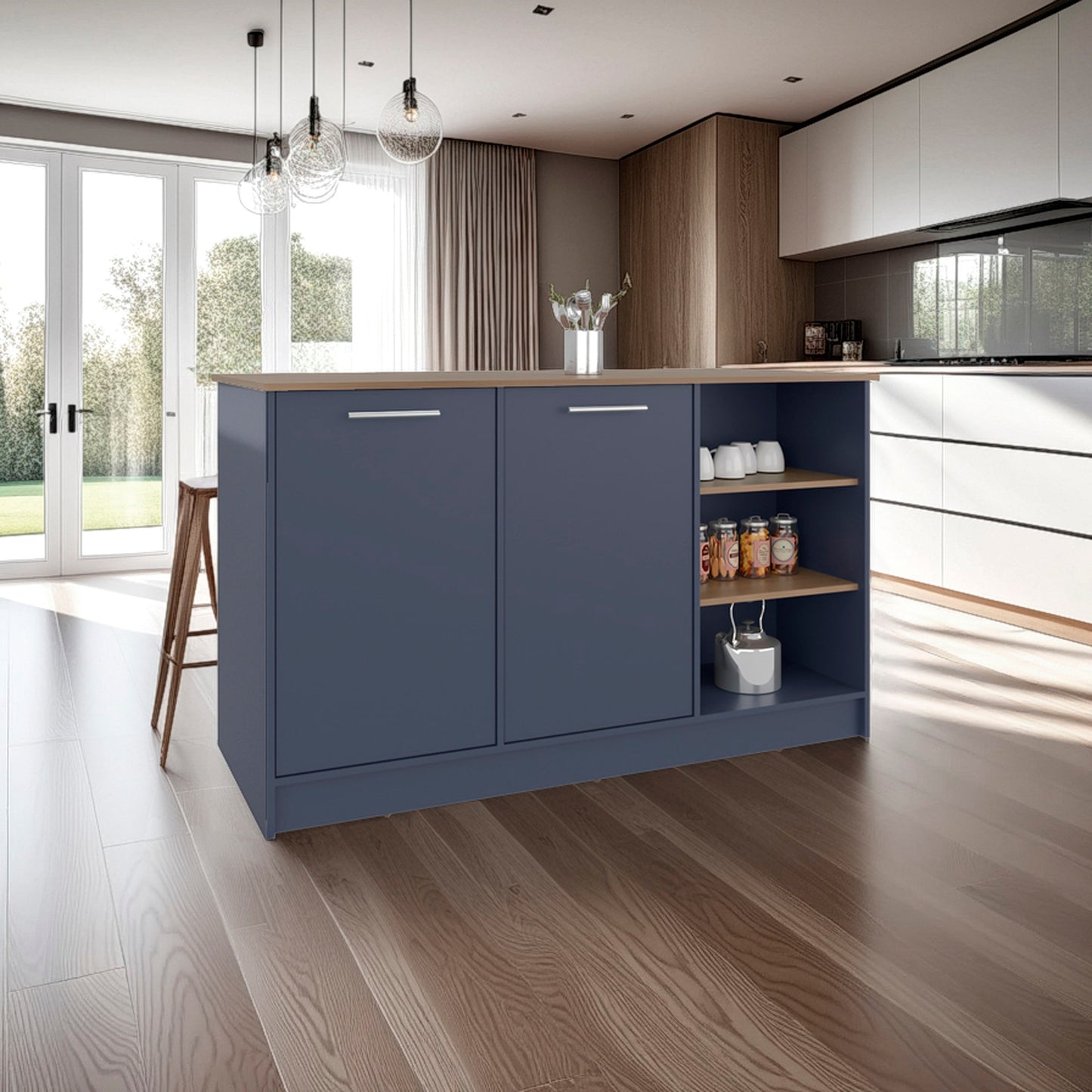 Ginger Kitchen Island, Three Open Shelves, Two Cabinets Doors With Interior Storage Option, Floorstanding Island, Kitchen Organizer And Decor
