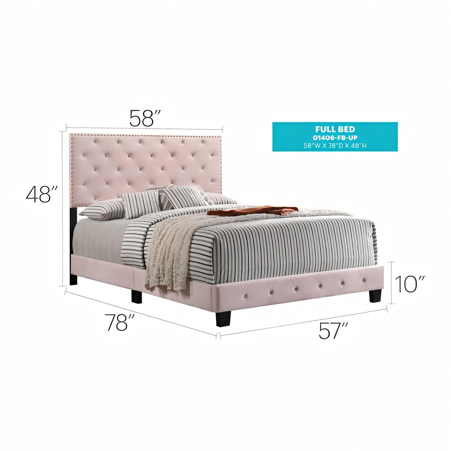Full Pink Velvet Bed Frame - 48" x 77" D