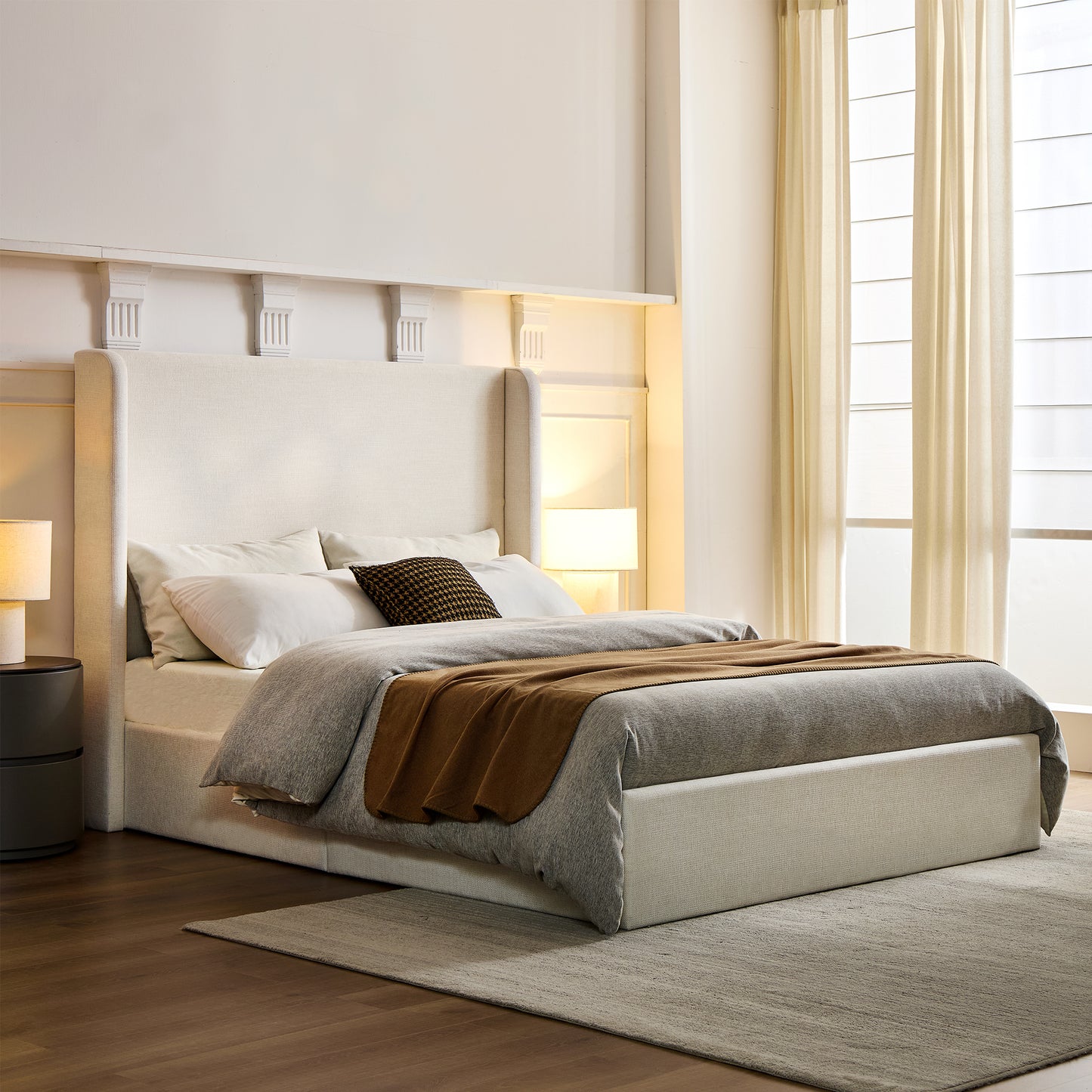 Carmen Upholstered Wingback Bed / Upholstered Platform Bed Frame / 54" High Headboard / Simplicity / Minimalist / No Box Spring Needed / Easy Assembly / Queen/ Textured Ivory Canvas / No Noise