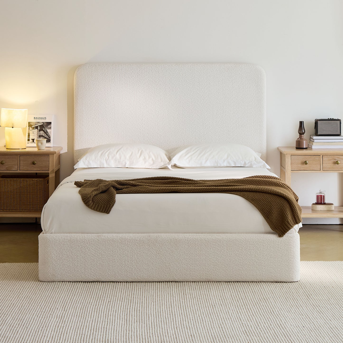 Canter Tall Headboard Upholstered Bed / 52" High Headboard / Elegant Simplicity / No Box Spring Needed / Easy Assembly / Queen / Pearl White Chenille
