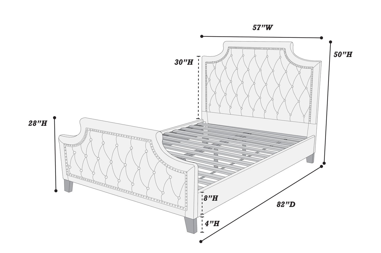 Gray Full Bed Frame - 50" High for Bedrooms