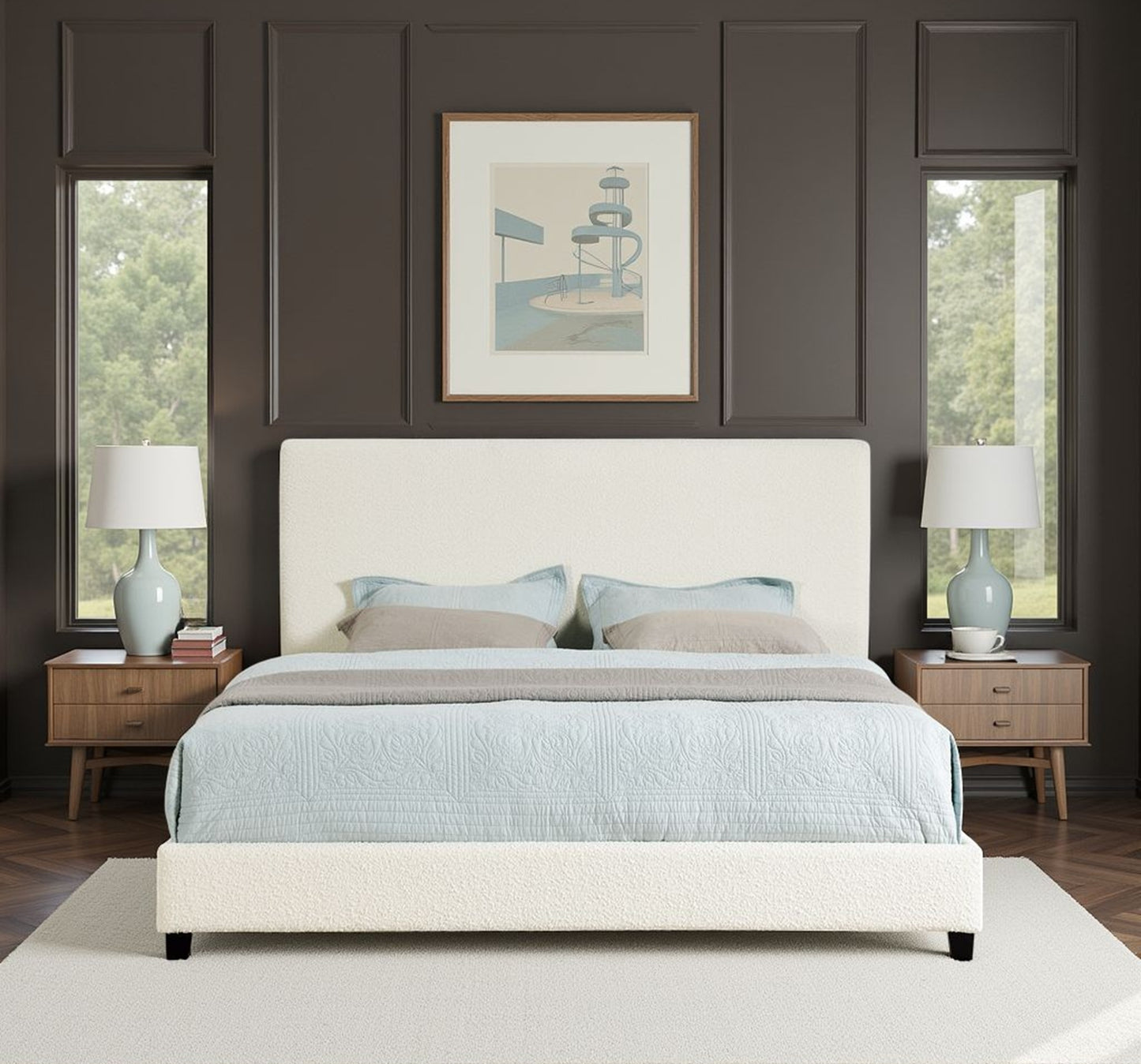 King Size White Boucle Upholstered Platform Bed