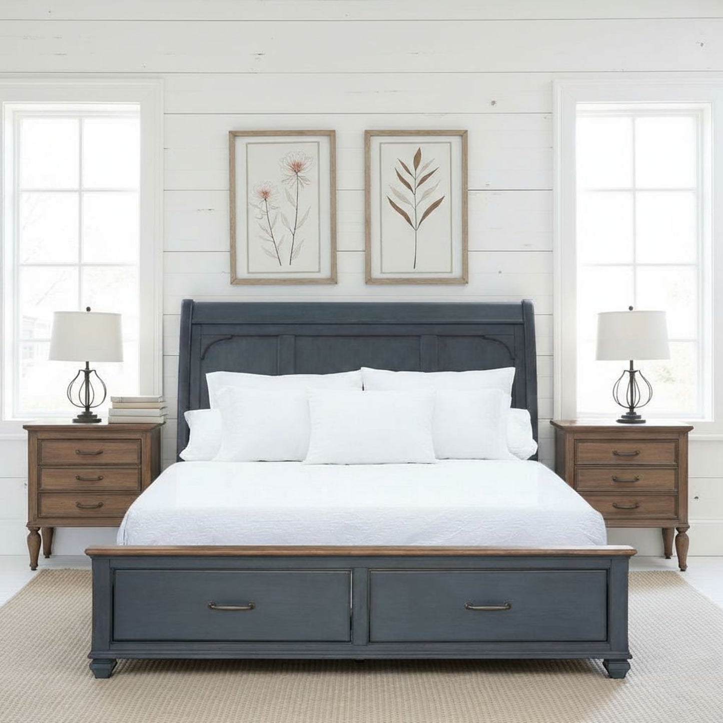 America King Size Sleigh Bed, Corduroy Blue Finish