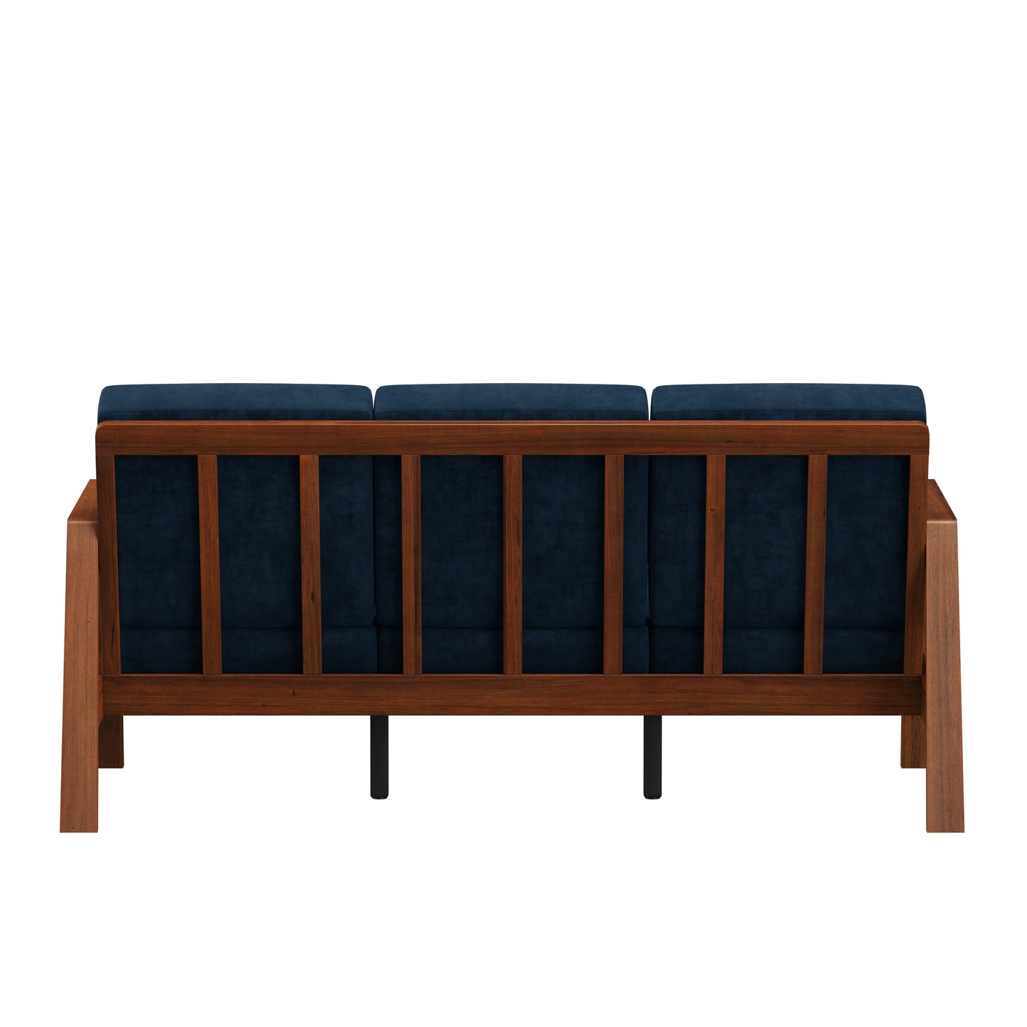 Mid-Century Velvet Sofa in Navy and Brown Wood Frame for Living Room