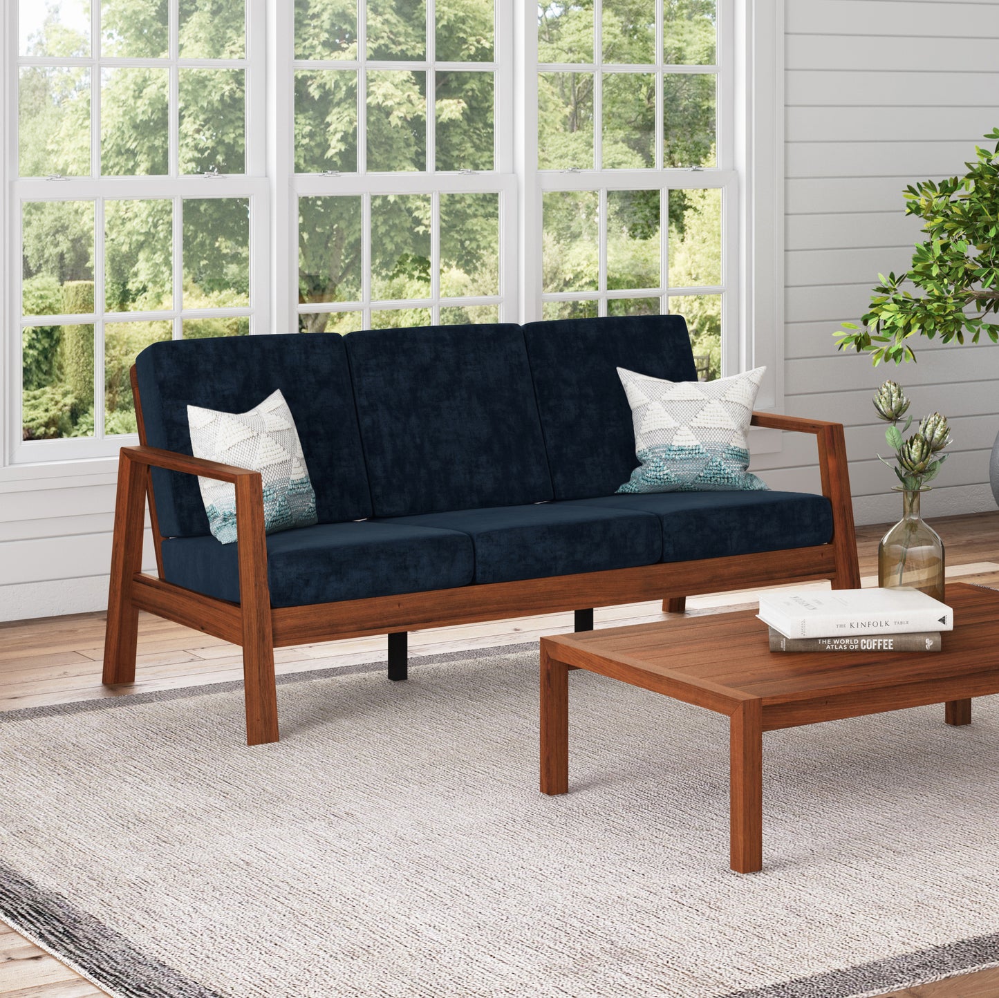 Danae Mid-Century Modern Sofa with Exposed Solid Wood Frame in Velvet Navy Blue
