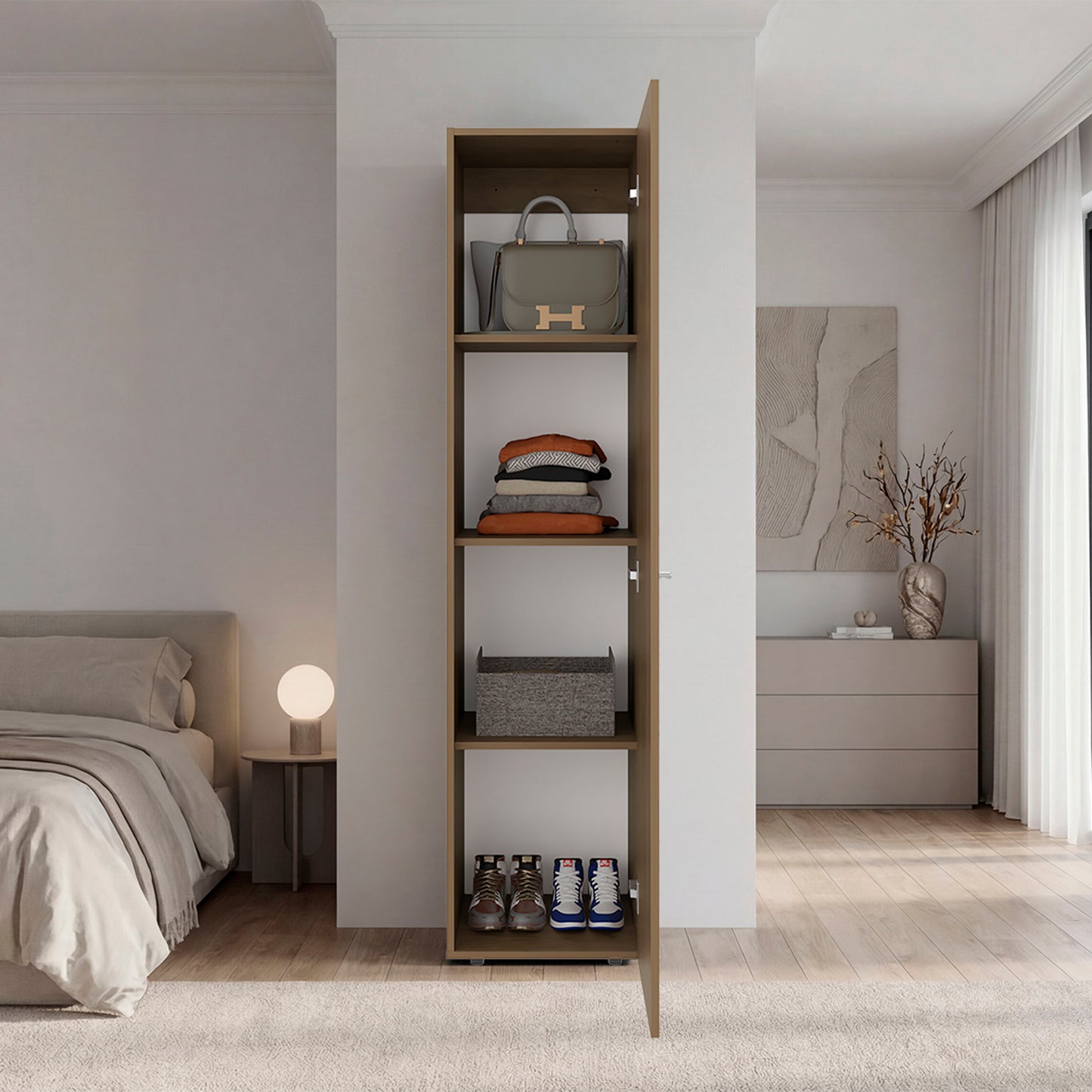 Deftones Storage Cabinet with 4 Shelves for Clothes and Accessories, Modern Design, Natural Oak