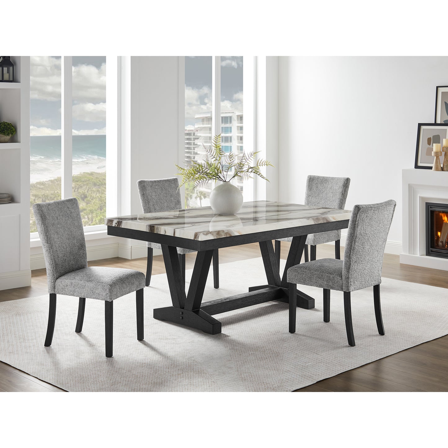 Panda Oceanic Black Dining Table and (4) Grey Dining Chairs