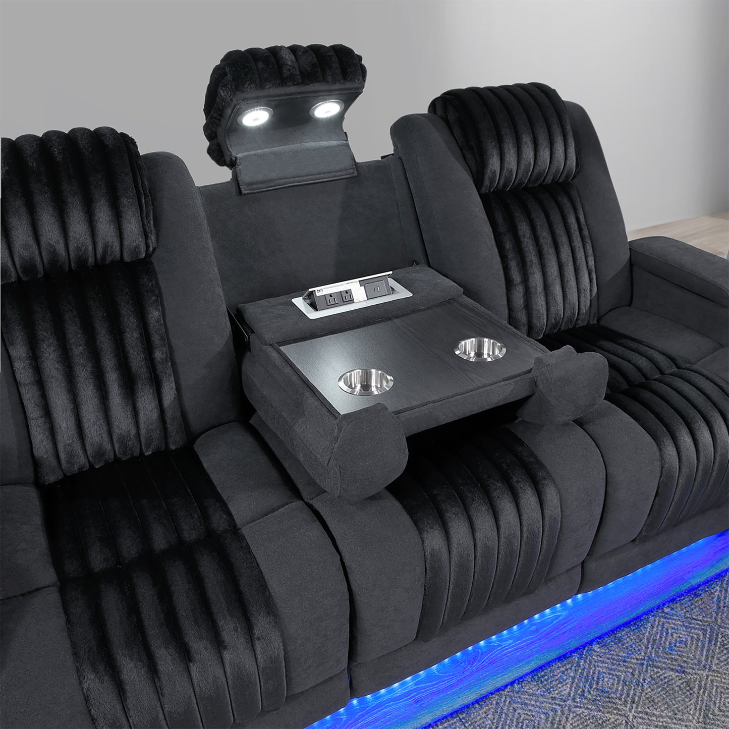 Living Room Black Power Reclining Sofa with Headrest, LED Light, and Drop Down Table
