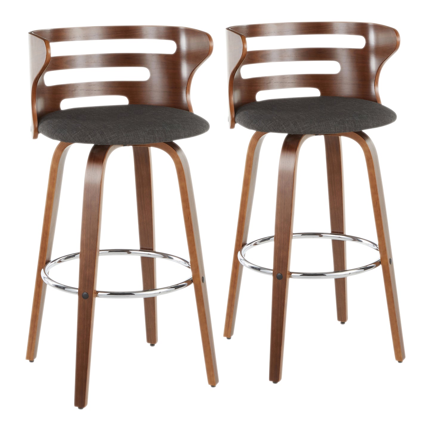 Mid-Century Modern Barstool with Swivel in Walnut and Charcoal Fabric - Set of 2