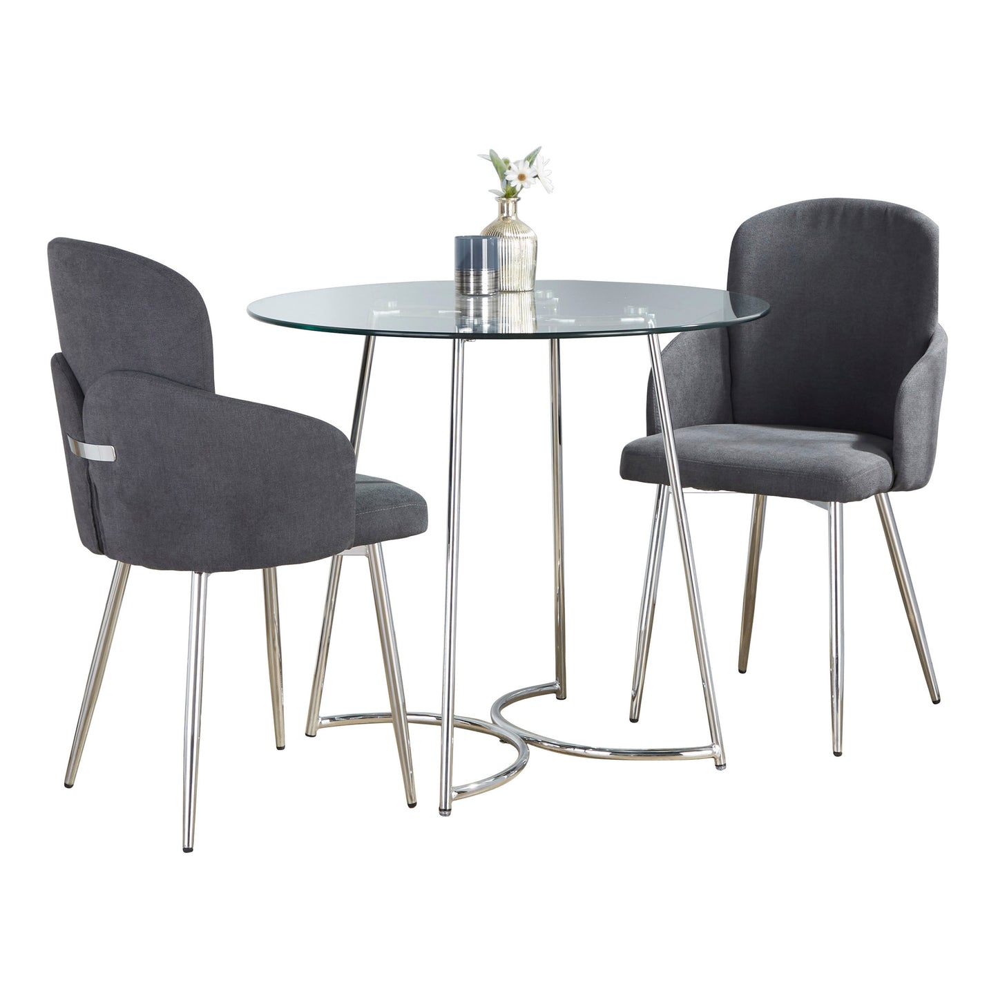 -Contemporary Dining Set in Chrome Metal, Clear Glass Tabletop and Grey Fabric - 3 Piece