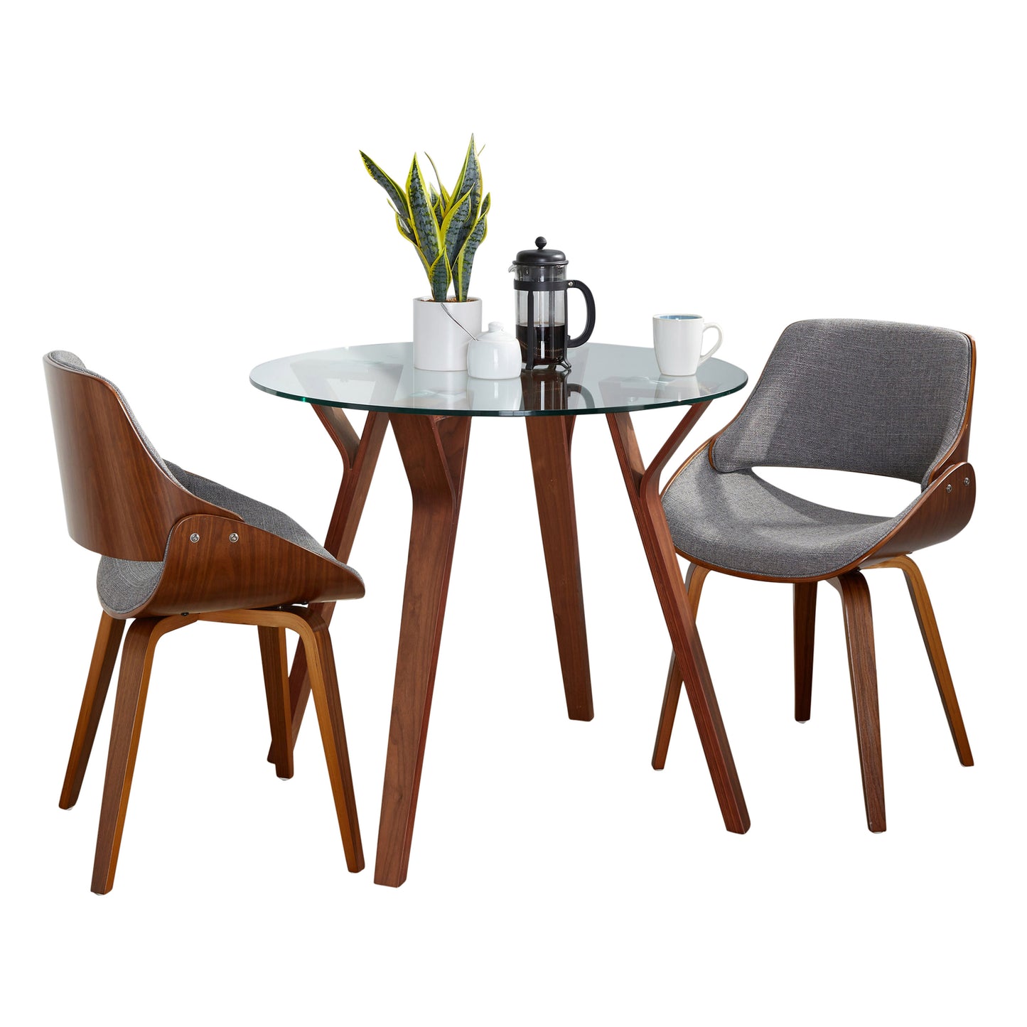 Folia Round Fabrizzi Mid-Century Modern Dining Set in Walnut Wood, Round Clear Tempered Glass and Grey Fabric by - 3 Piece