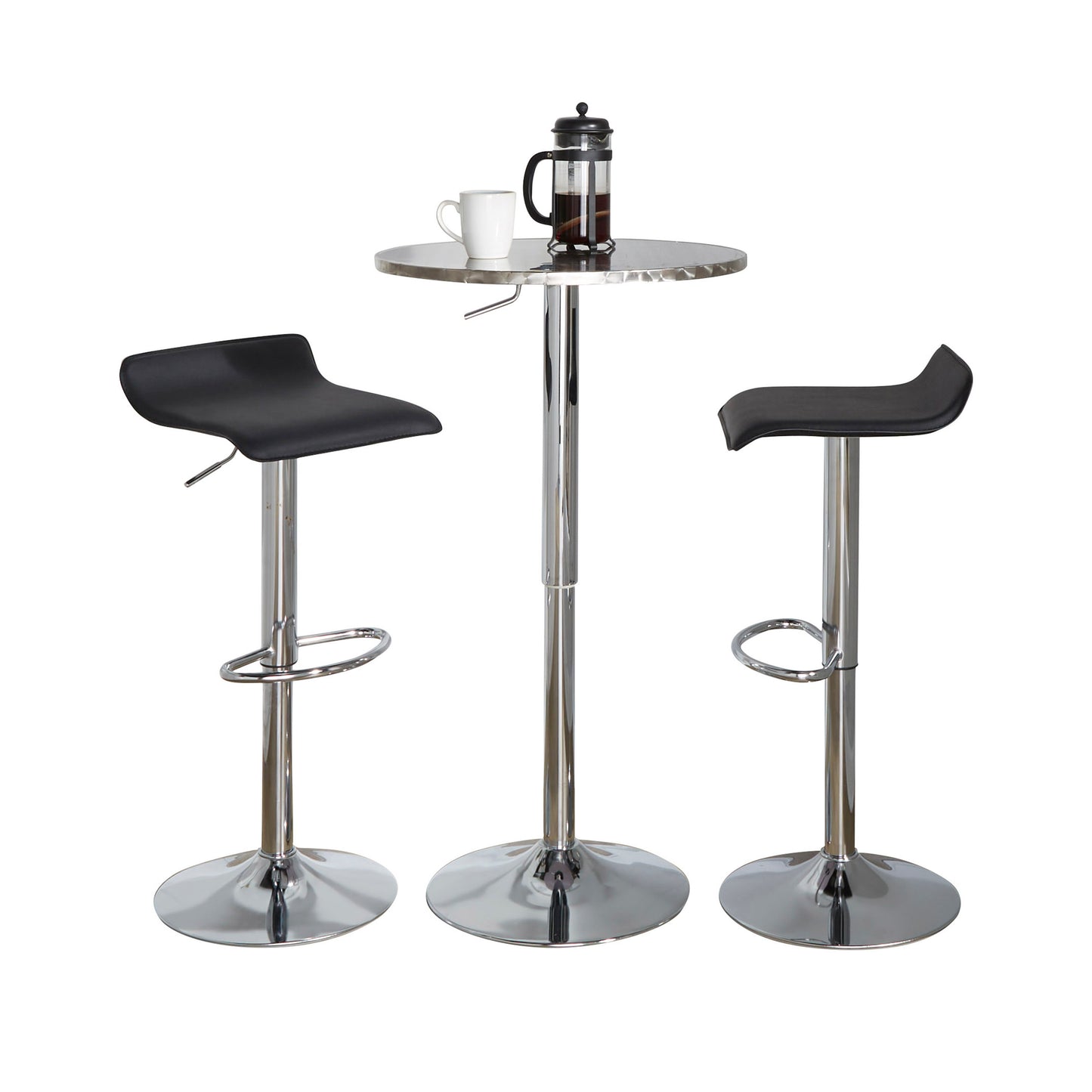 RoundContemporary Adjustable Bar Set in Silver and Chrome Metal with Black PVC and Oval Footrest - 3 Piece