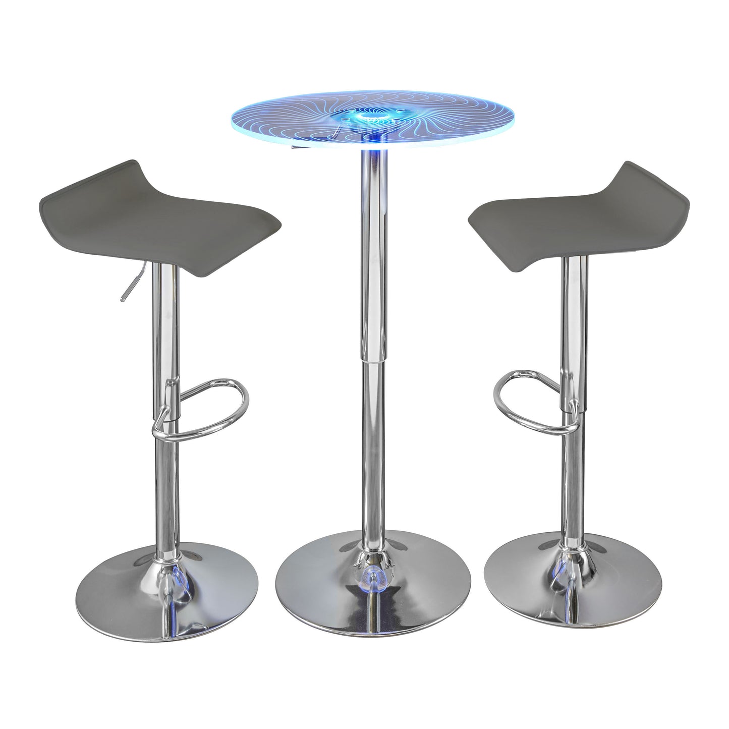Contemporary Adjustable Bar Set in Chrome Metal, Clear Acrylic with Light Up Tabletop, and Grey PVC - 3 Piece