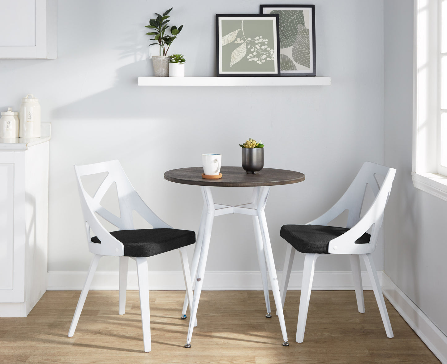 Clara-Round Dinette Set - Vintage White Metal, Charcoal Fabric Dining Table &
