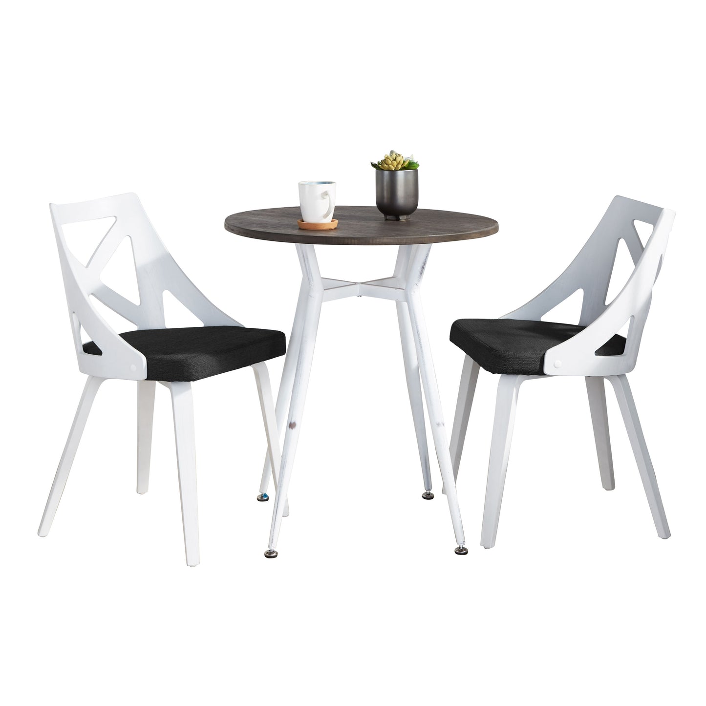 Clara- Round Dinette Set in Vintage White Metal with Rounded Espresso Wood-Pressed Grain Bamboo Tabletop and White Textured Wood with Charcoal Fabric - 3 Piece